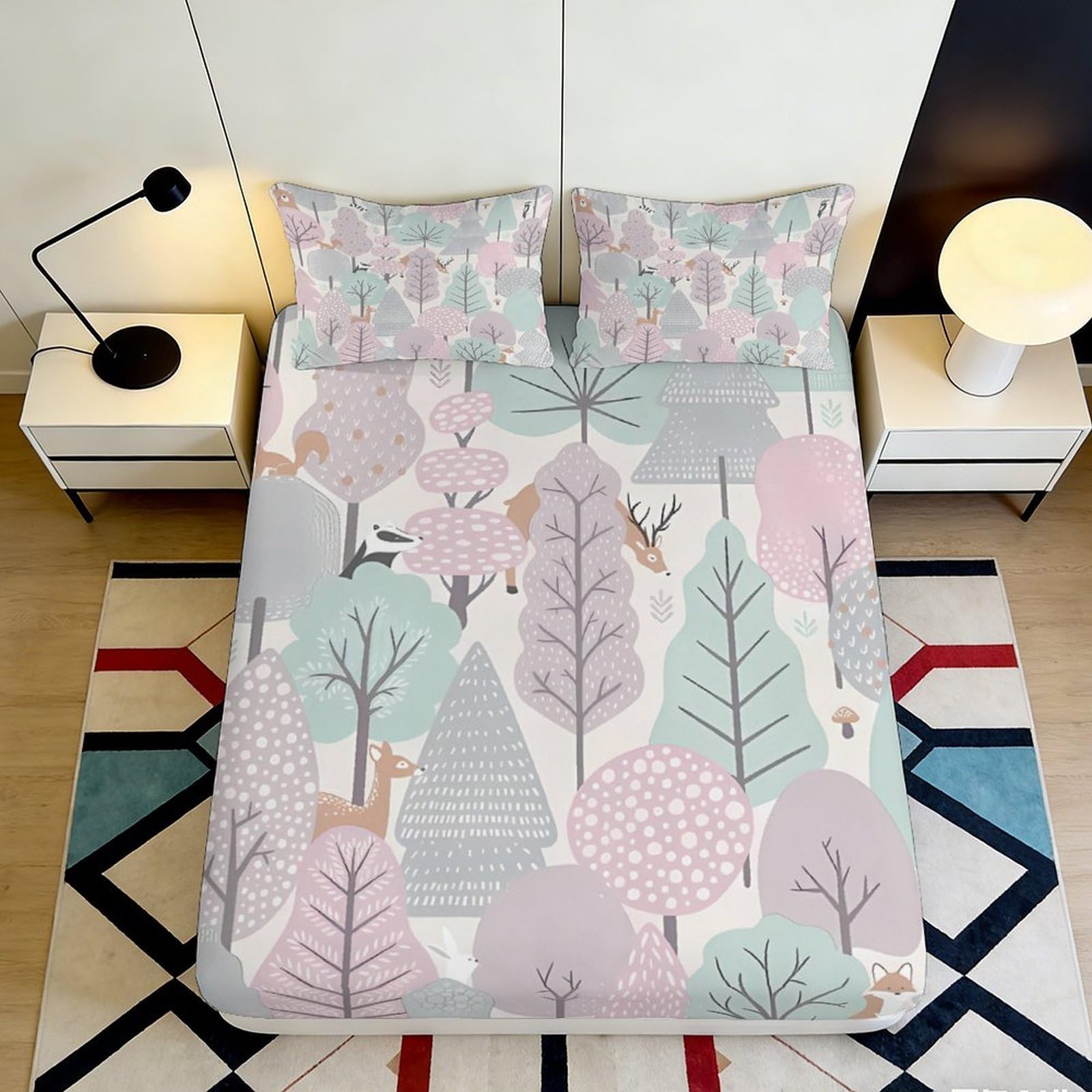 3D Printed Pastel Forest Fitted Sheet Microfiber Soft Breathable Woodland Mattress Cover for Bedroom Dormitory Guest Room Protection Decoration 200x200x25cm