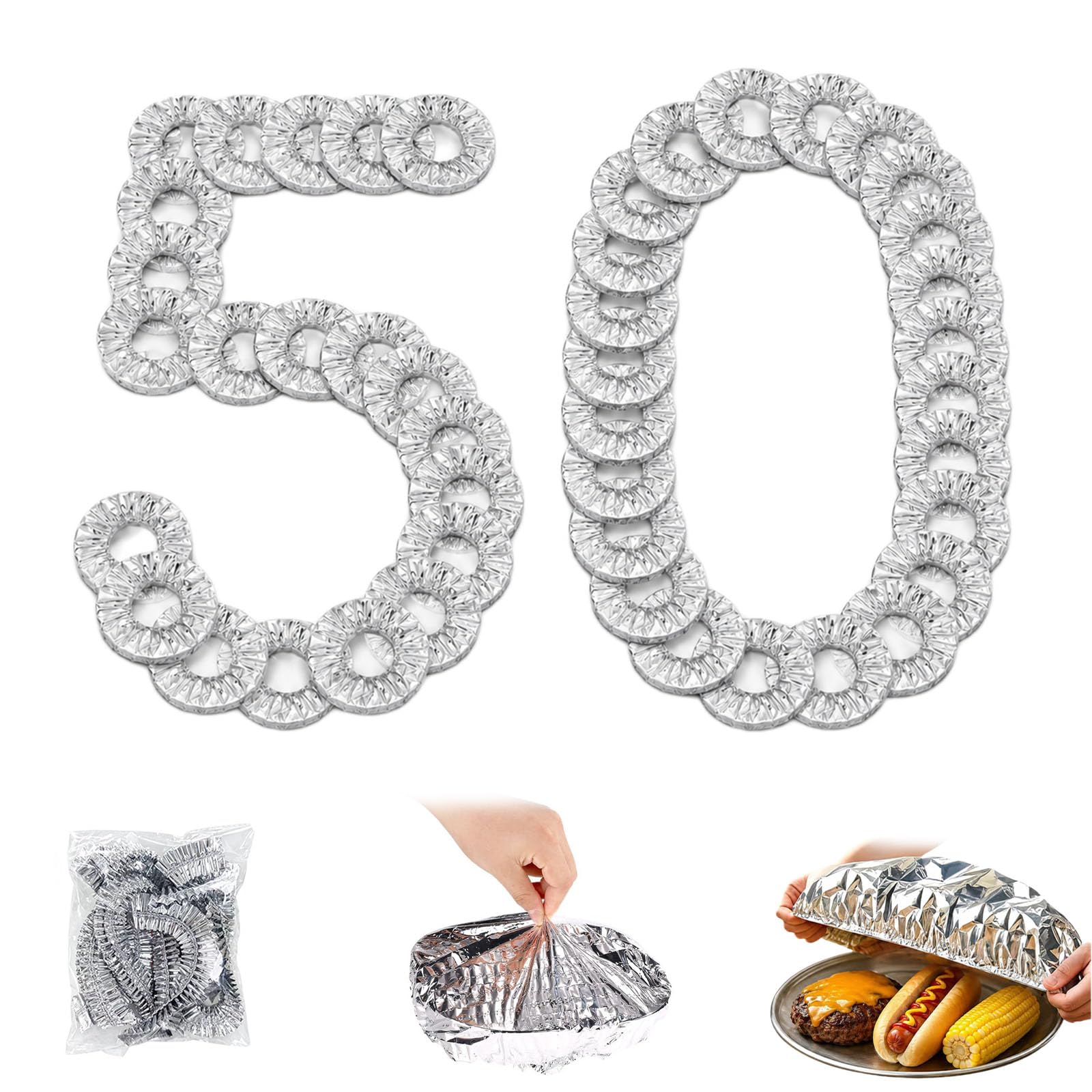 Reusable Aluminum Foil Food Covers, Aluminium Foil Covers for Food, Stretchy Foil Food Covers, Foil Food Covers Elasticated for Home Kitchen, Restaurants, Picnics, Fits (50pcs)