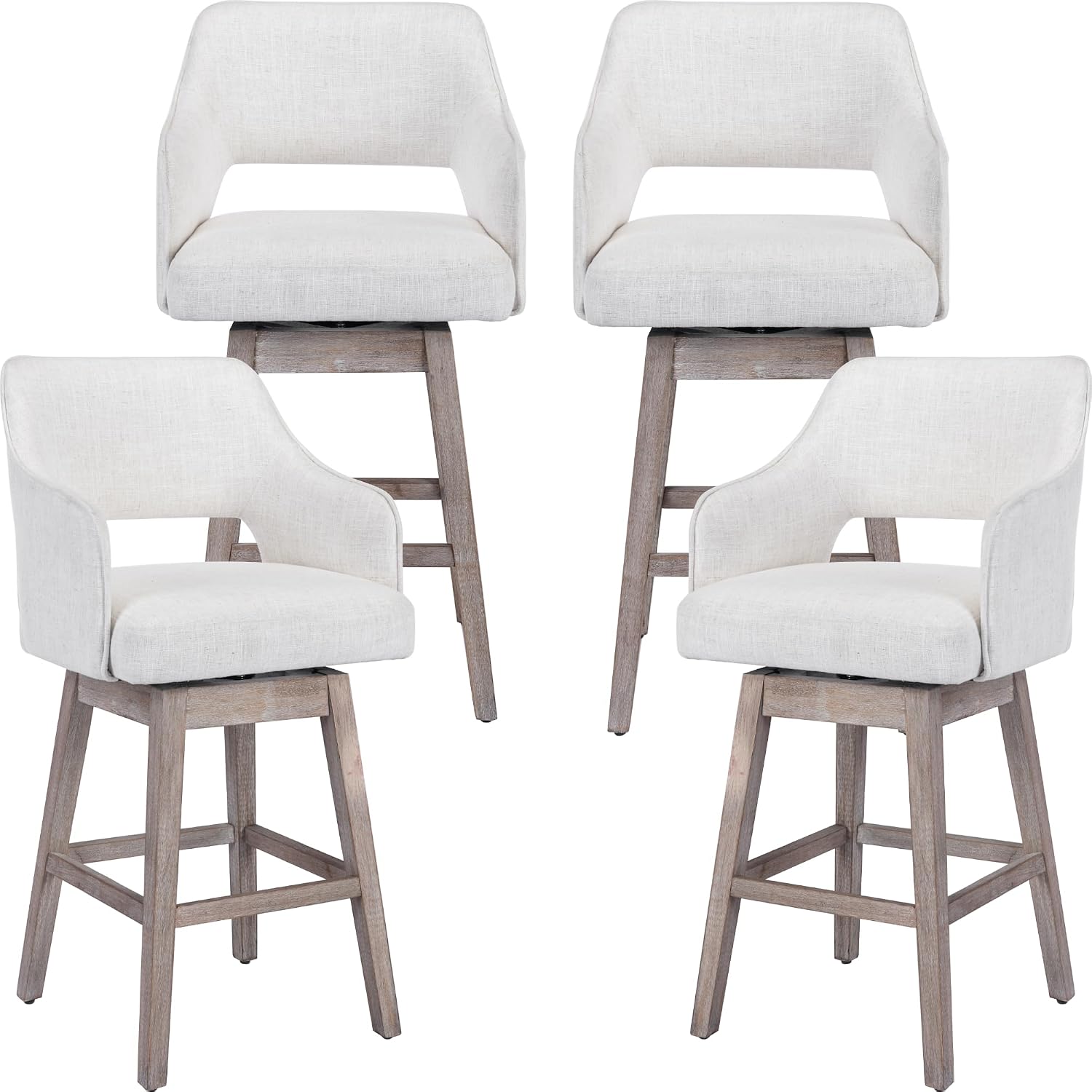 27" Counter Height Swivel Barstools Set of 4, Linen Fabric 5-Inch Upholstered Bar Chair with High Back and Solid Wood Bar Stools for Kitchen Island, Linen Beige