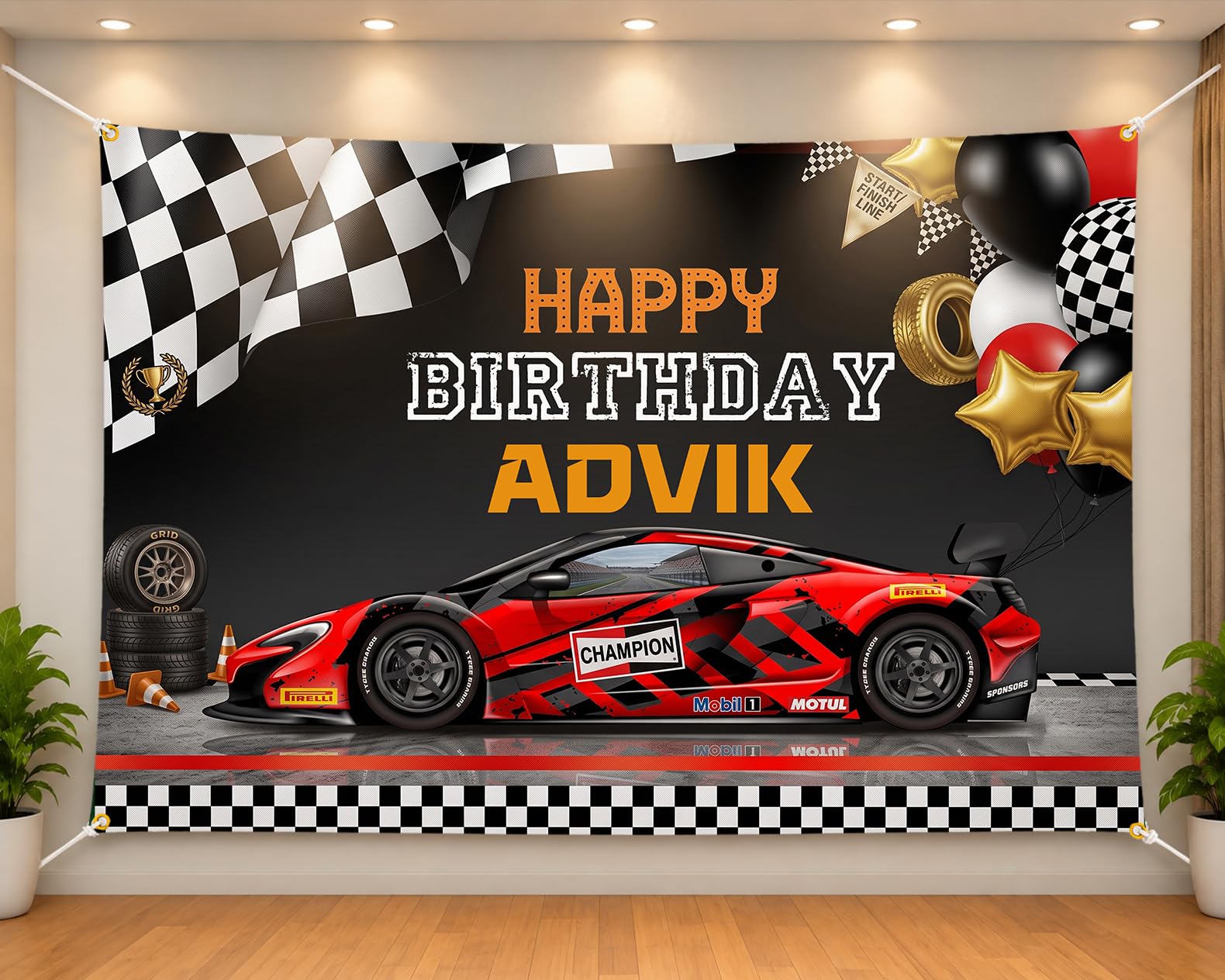 Party Perfect Designs Personalized Race Car Birthday Backdrop | Racing Car Theme Birthday Banner with Name & Photo | Race Track Party Background Decoration-image-21