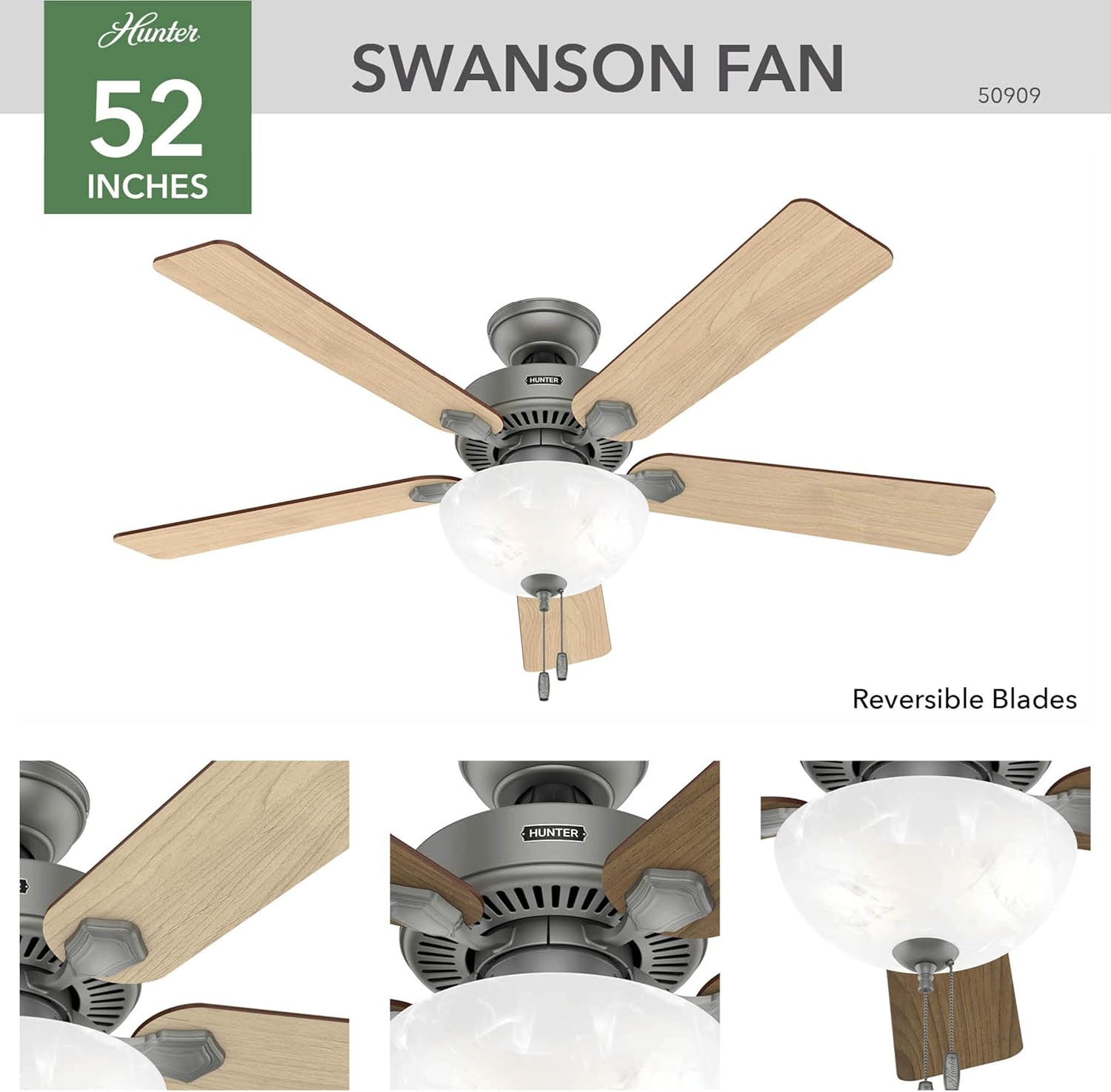 Hunter Fan Swanson Ceiling Fans with Lights 52 Inch, Bedroom Ceiling Fan with LED Light, Indoor Pull Chain Control, Matte Silver