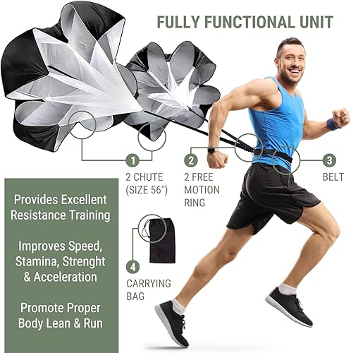 Miniatura 2 de BULLETSHAKER Paracaídas doble XL para entrenamiento de velocidad, paracaídas de entrenamiento de velocidad de 56 pulgadas, paquete de 2,