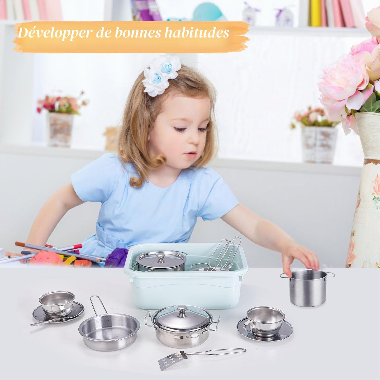 17 Pièces Accessoire Cuisine Enfant, Ensemble de Cuisine pour Enfant, Ustensile Jouet en Acier Inoxydable Bois pour Enfants, pour Garçons et Filles 3-6 Ans
