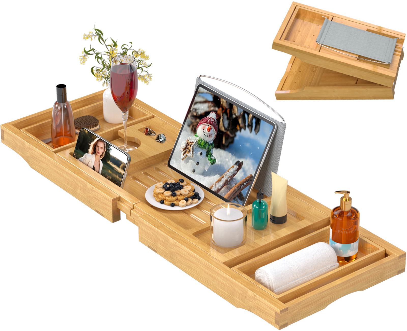 Bathtub Tray Caddy Expandable Bamboo Bath Tray for Tub