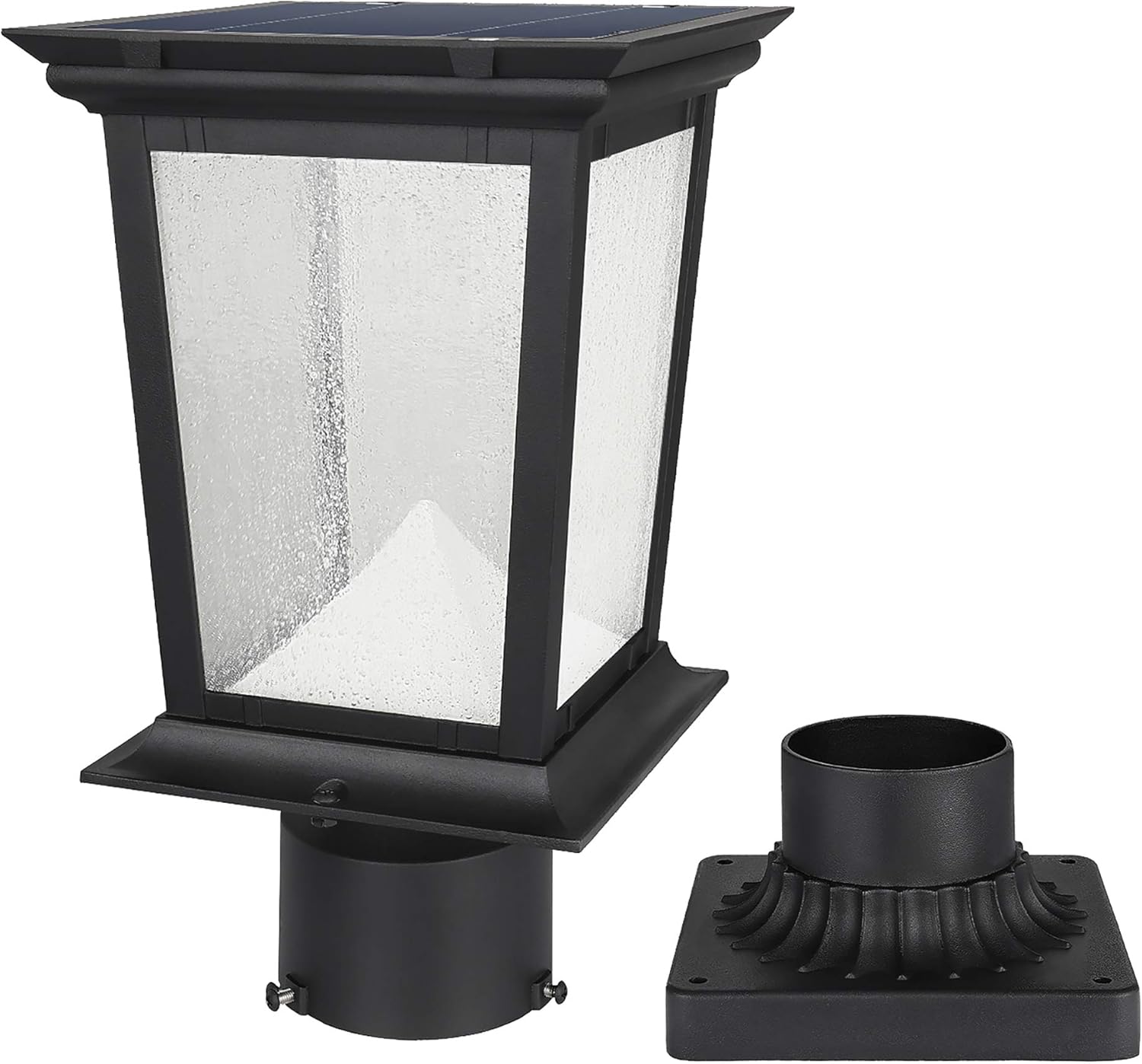 Solar Post Light Outdoor, Aluminum Exterior Motion Sensor Pole Lighting Fixture with 3-Inch Pier Mount Base, Daylight White 6500K LED Solar Post Lantern for Garden Yard Fence Driveway, Black