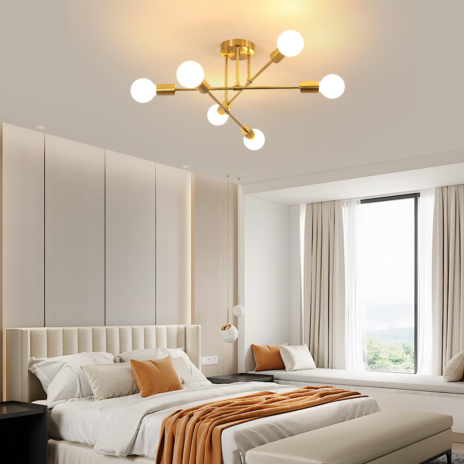 DELIPOP Lámpara de Techo Industrial, 6 Luces E27 Plafones de Techo Modernos, Orientable 180° Lámpara de Araña para Dormitorio Sala de Estar Cocina Salón Comedor