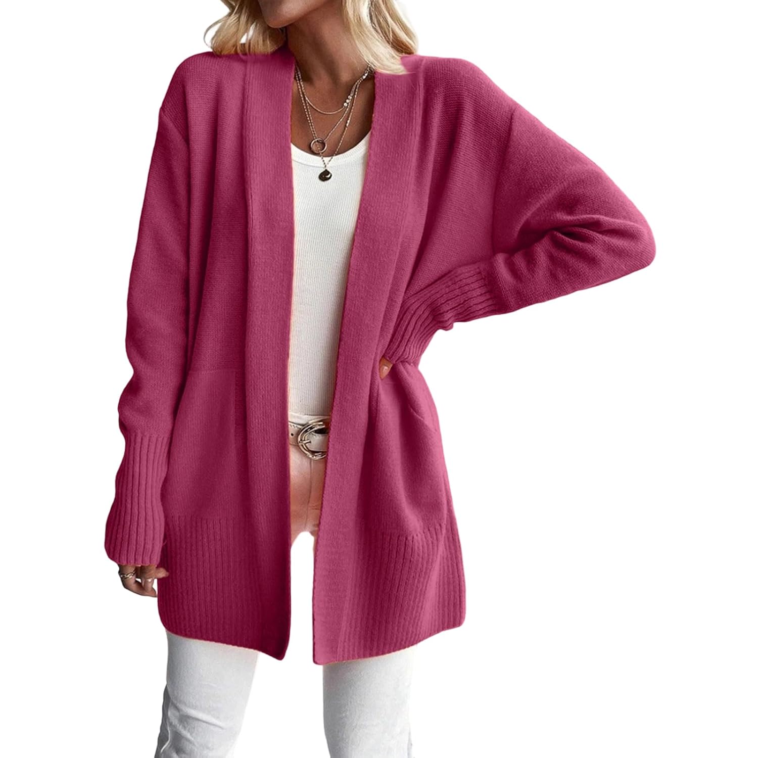 Womens Open Front Cardigan Long Sleeve Casual Loose Fit Sweater Coat Cozy Knit Fall Winter Cardigans with Pockets