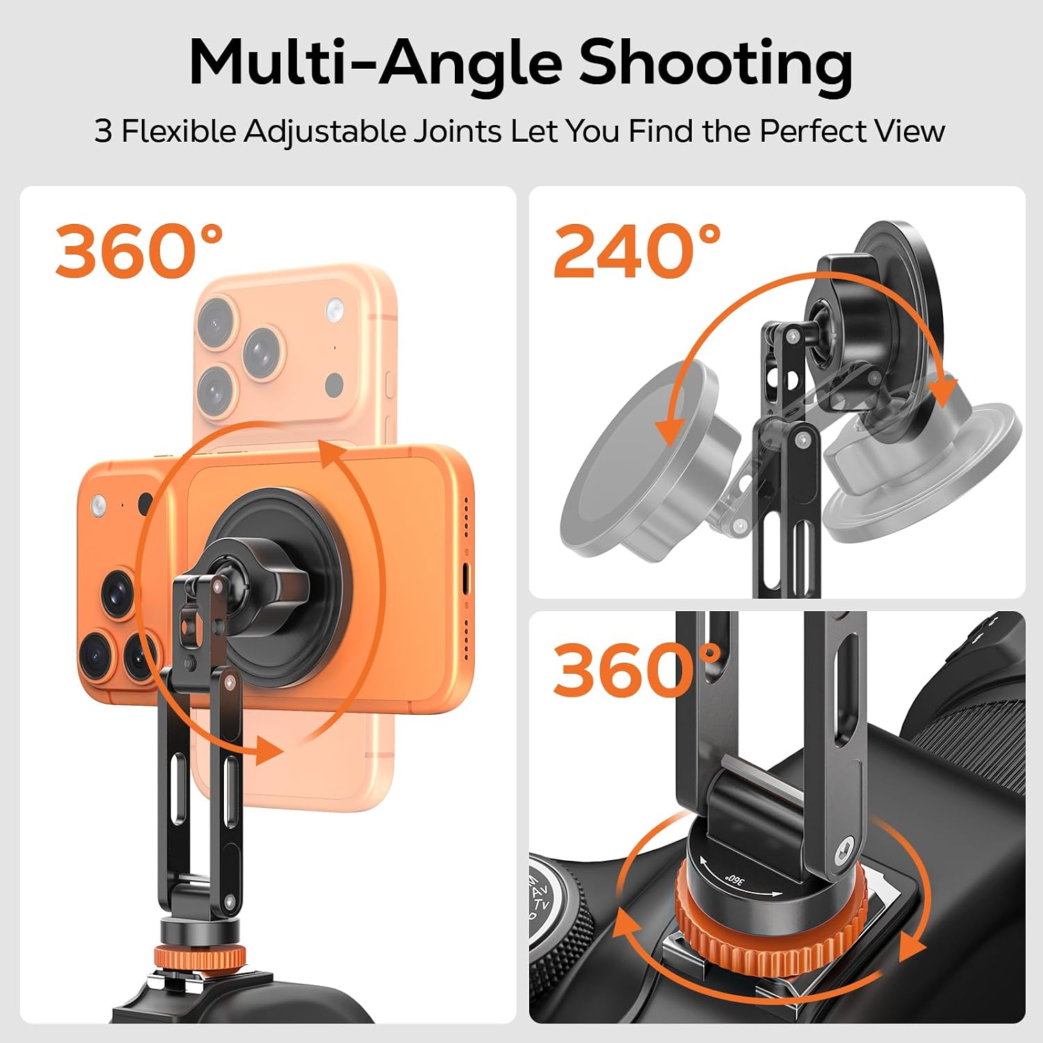 MoKo MagSafe Tripod Mount, All Metal 360° Adjustable Phone Mount for Tripod & Camera with 1/4" Screw & Cold Shoe, Compatible with iPhone 12-17 Series, for Camera Monitoring, Stabilizers, Sony/Canon