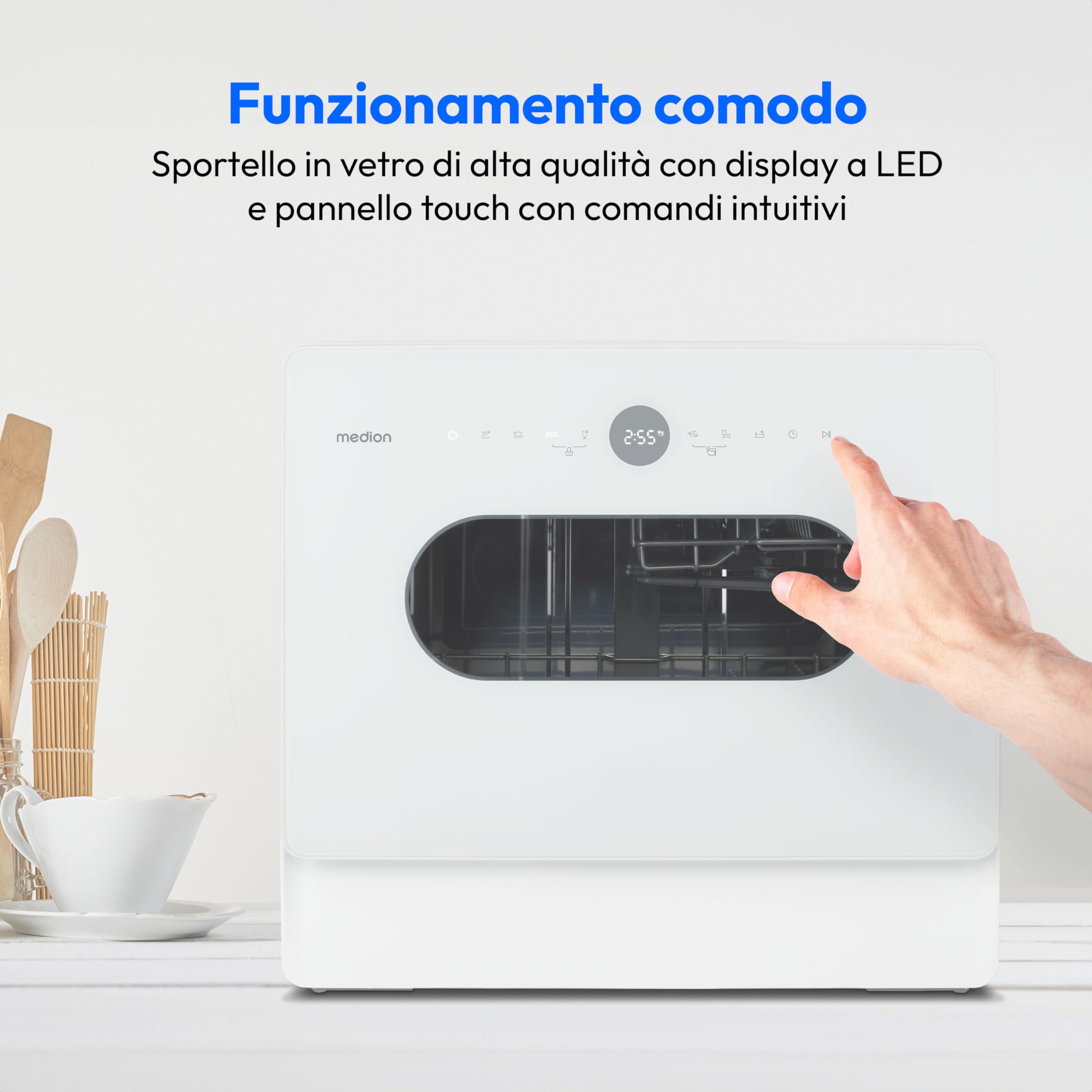 MEDION Mini Dishwasher DWT51 (lavastoviglie da tavolo con pannello di controllo a sfioramento, funzione secchio, 5 coperti, funziona con/senza collegamento all'acqua, 7 programmi di pulizia