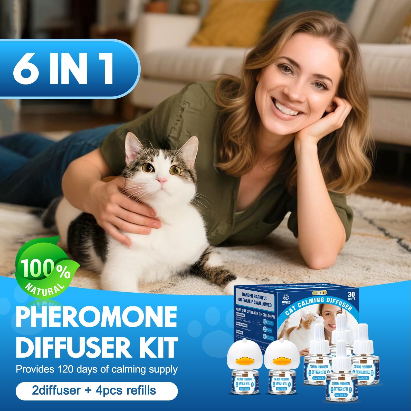 Cat Calming Pheromones Diffuser: 6-in-1 Kit Cat Appeasing Pheromone Diffuser to Calm (2 Plugin+4x48ml Refills) for Comfort Reduces Stress Anxiety, Long-Lasting Appeasing Pheromone for Pet Cat (6in1) - image 2