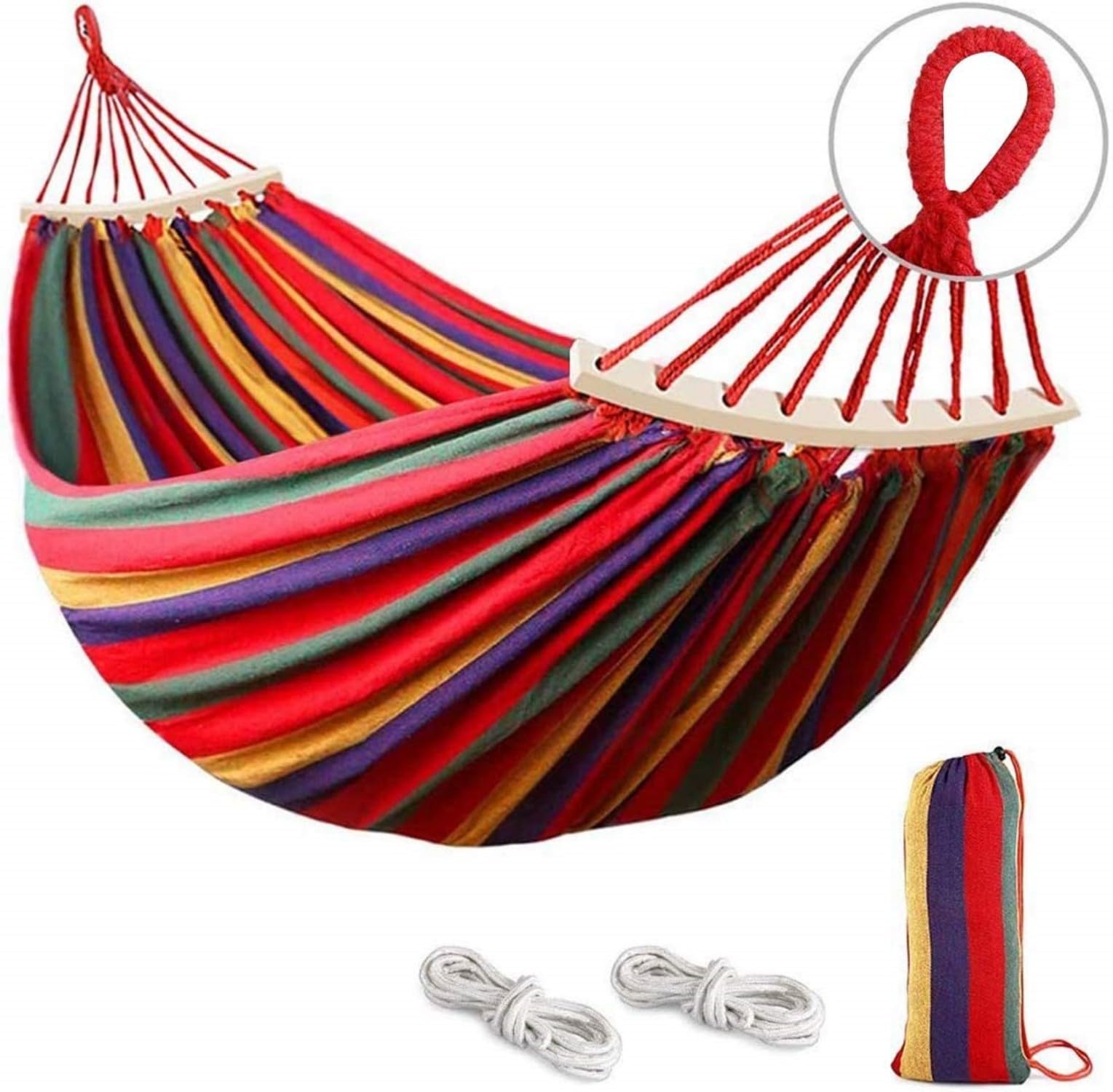Generic 1pcs Outdoor Cotton Hammock with Sturdy Knot Tree Straps, 260x80CM Hammock for Garden Yard Camping Beach Patio, Load 440lb, Colorful Stripes