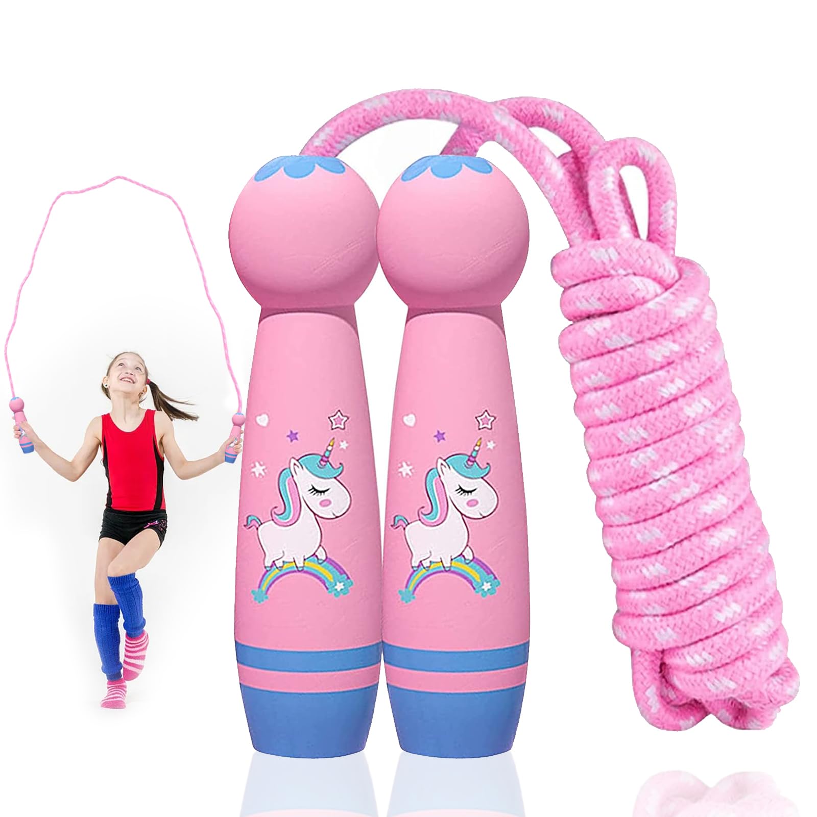Corda per saltare per bambini, 260 cm, con manico in legno dei cartoni animati, corda per saltare regolabile, per bambini, per ragazzi, ragazze, amici, scuola, prato