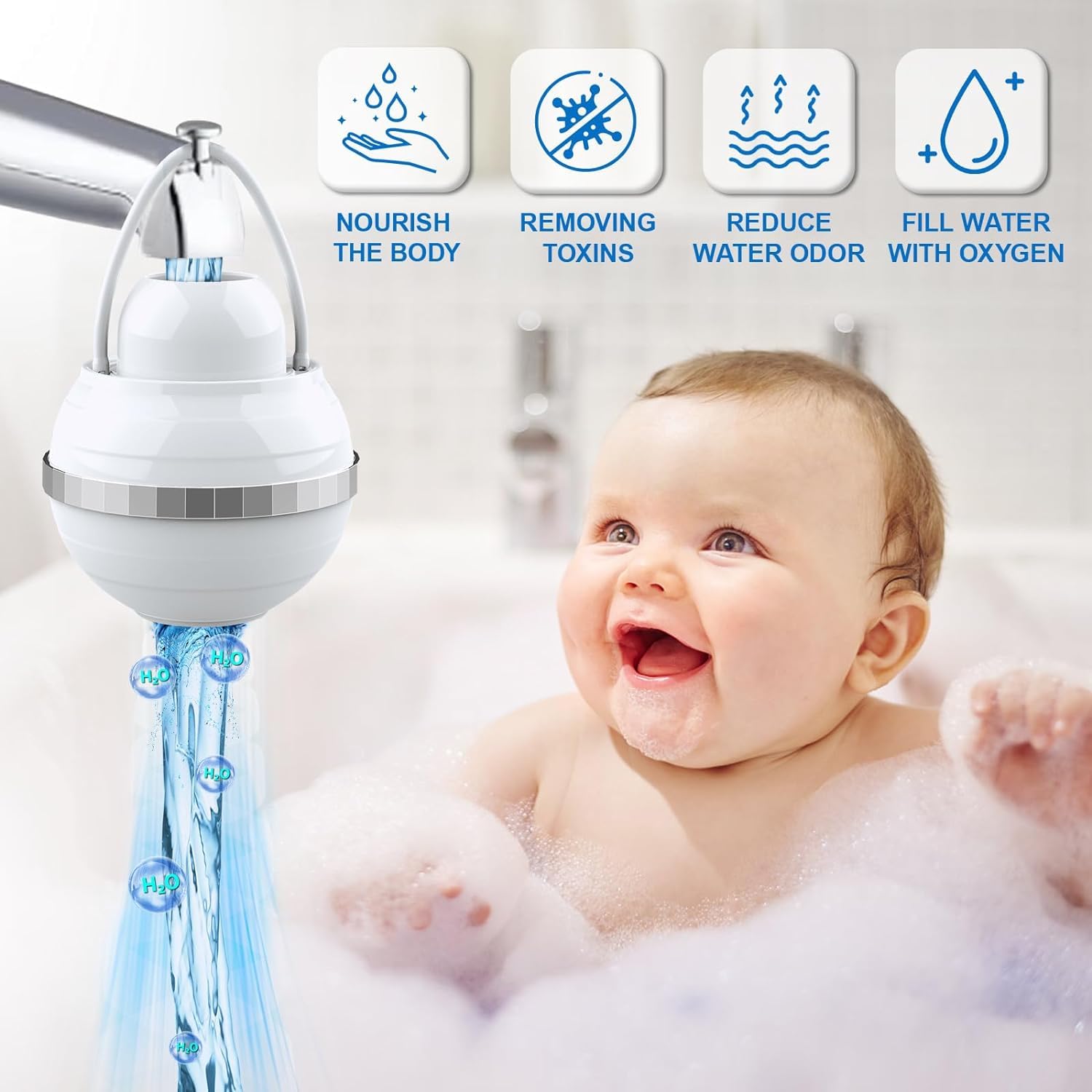 Filtro dell'acqua a sfera da bagno a 8 fasi, rimuove centinaia di contaminanti, ammorbidisce l'acqua dura, senza BPA, purifica l'acqua da bagno per pelle e capelli più sani