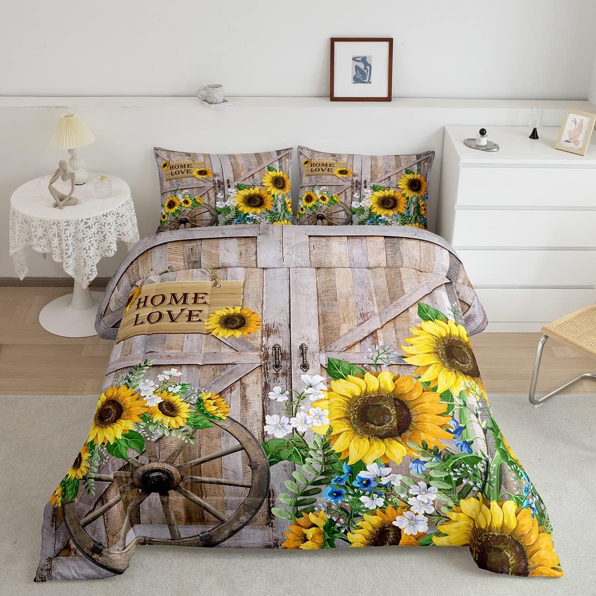 Sunflower Comforter Set Full Size Rustic Farmhouse Bedding Set Spring Flowers Quilt Set 3pcs for Kids Girls Women Boys Room Decor Home Themed Barn Door Duvet Insert with 2 Pillowcases Farmstyle06 Full