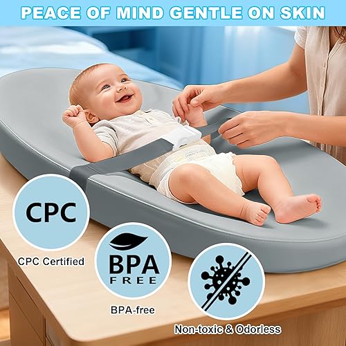 Miniatura 9 de Cambiador de pañales para bebé, cambiador de bebé lavable para tocador, cambiador impermeable contorneado con cubierta de poliuretano, cinturón