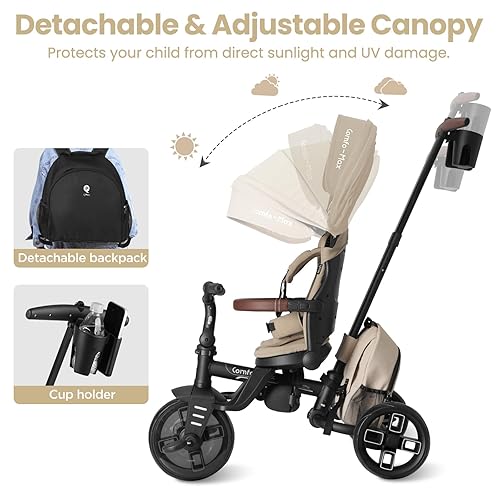 Miniatura 5 de QPlay Cochecito de bicicleta para bebés de 10 meses a 6 años de edad, cochecito plegable 8 en 1 para niños pequeños de 3 a 5 años, triciclo de