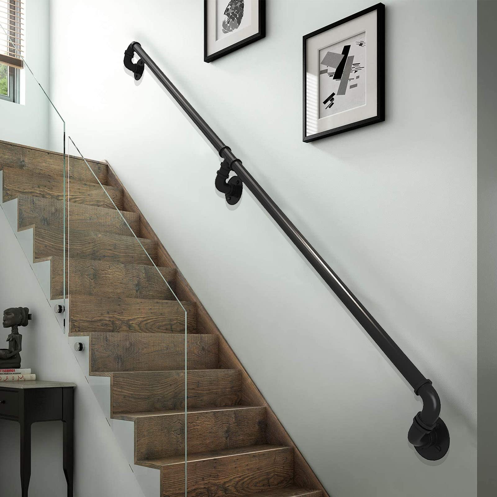 Rampe d'escalier industrielle en tuyau d'eau avec kit complet de fixations pour intérieur