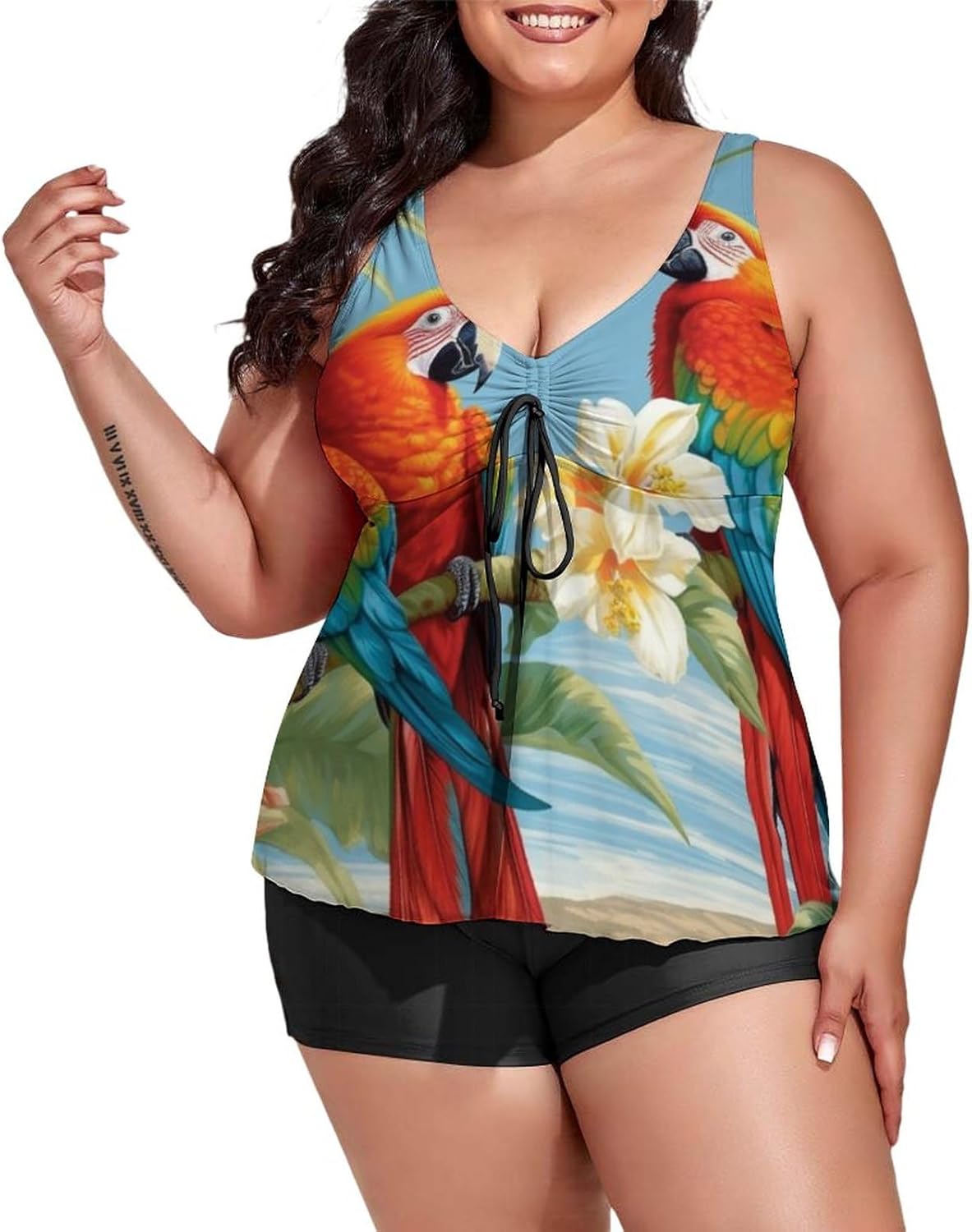 Plus Size Tankini Swimsuit for Women's Flamingo Hawaii Summer Tummy Control Swimdress Women's 2 Pieces Swimsuits with Shorts