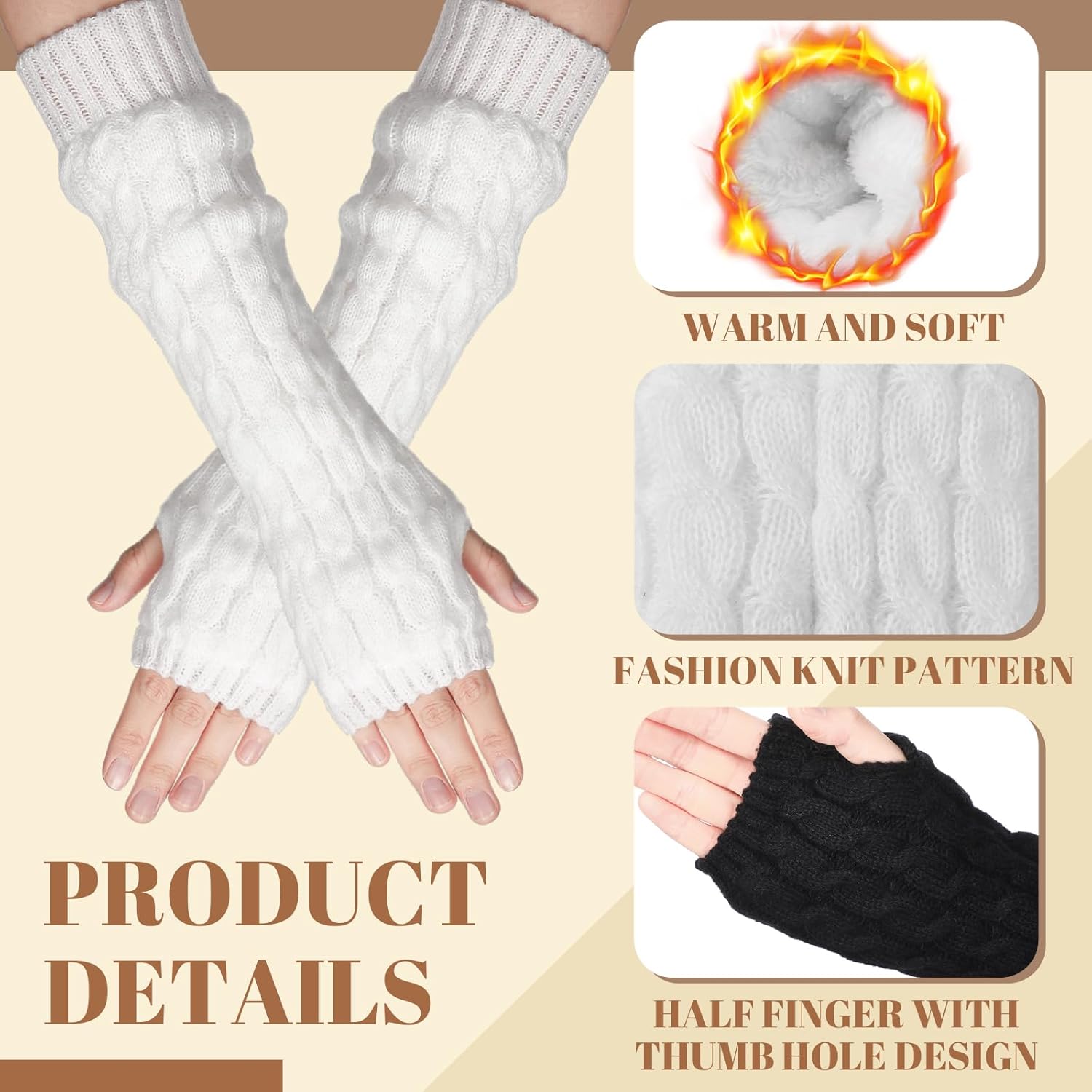 Berlune 2 Pairs Fleece Lined Arm Warmers Women's Long Fingerless Gloves Black and White Winter Knitted Mitten with Thumb Hole - Image 2