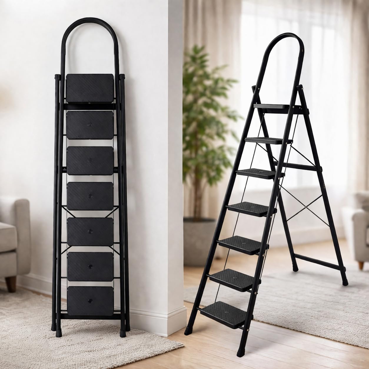 HOUZA Ladder for Home 7-Step Foldable Steel Ladder/Heavy-Duty Anti-Slip, Safe & Stylish Strong D-Shape Pipe/Durable & Black Finish - Support Up to 150Kg Weight- 5-Year Warranty-image-42