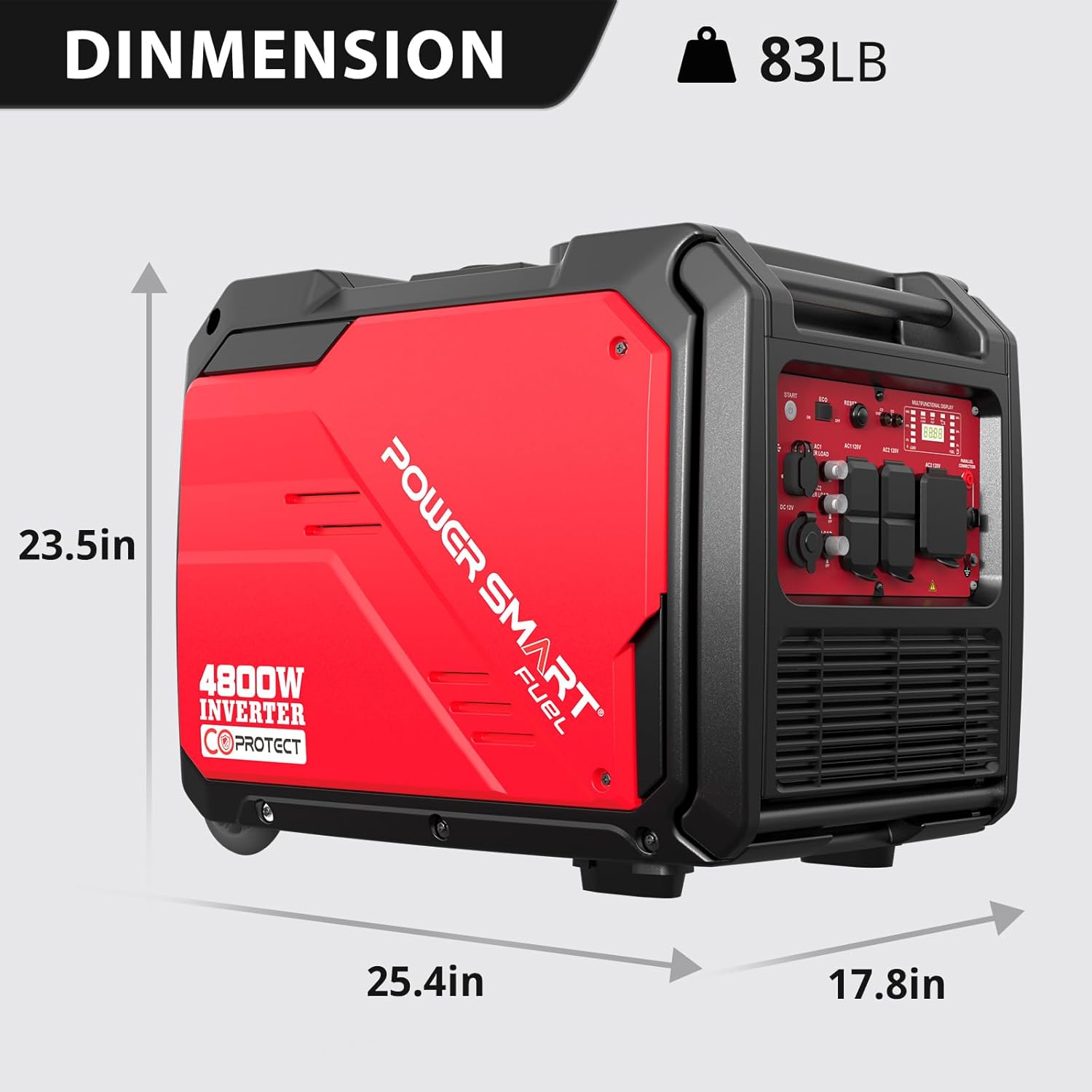 Diagram showing the dimensions of the PowerSmart generator: 25.4 inches L, 17.8 inches W, 23.5 inches H, and 83 lbs weight.