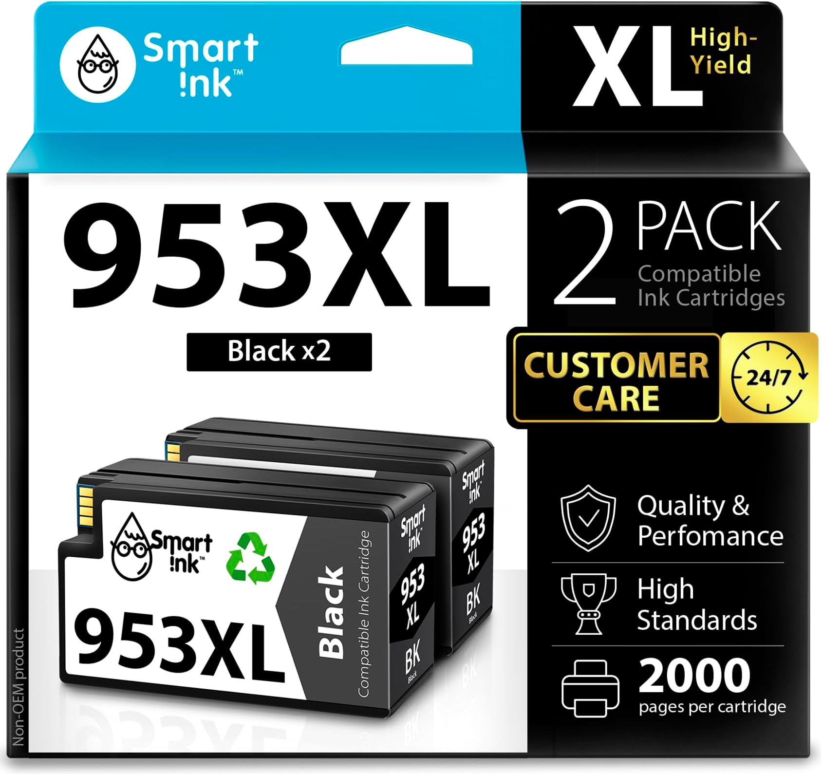 Smart Ink Compatible Ink Cartridges Replacement for HP 953XL 953 XL 2 Multipack (2 Black XL Pack) with Advanced Chip Technology to use with HP Officejet pro 7720 7730 7740 8710 8715 8720 8725 Printer