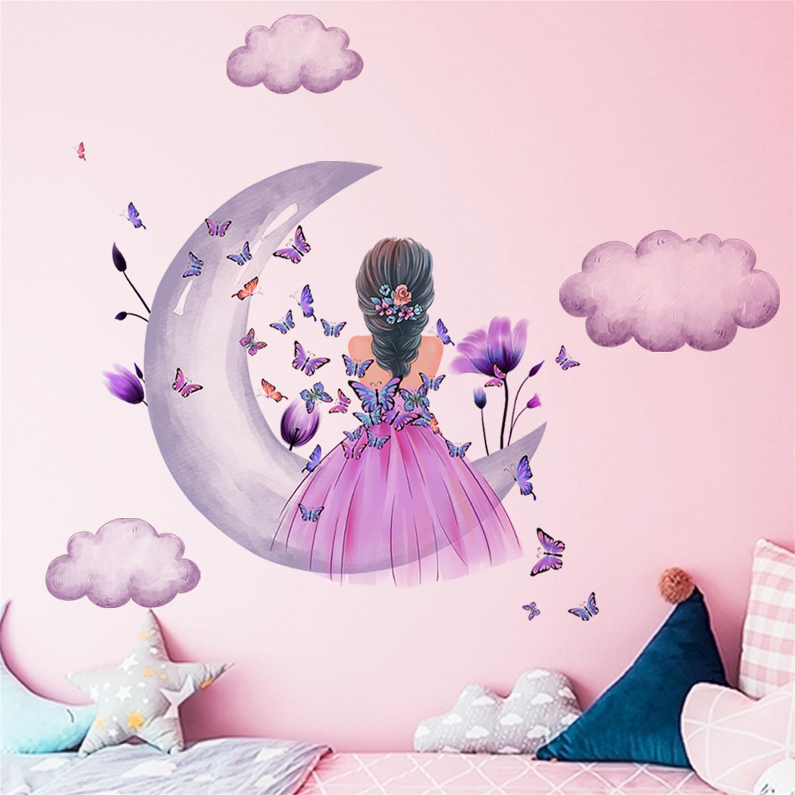 Purple Girl Wall Stickers for Girls Bedroom Moon & Butterfly Wall Decals with Clouds & Flowers - Image 3