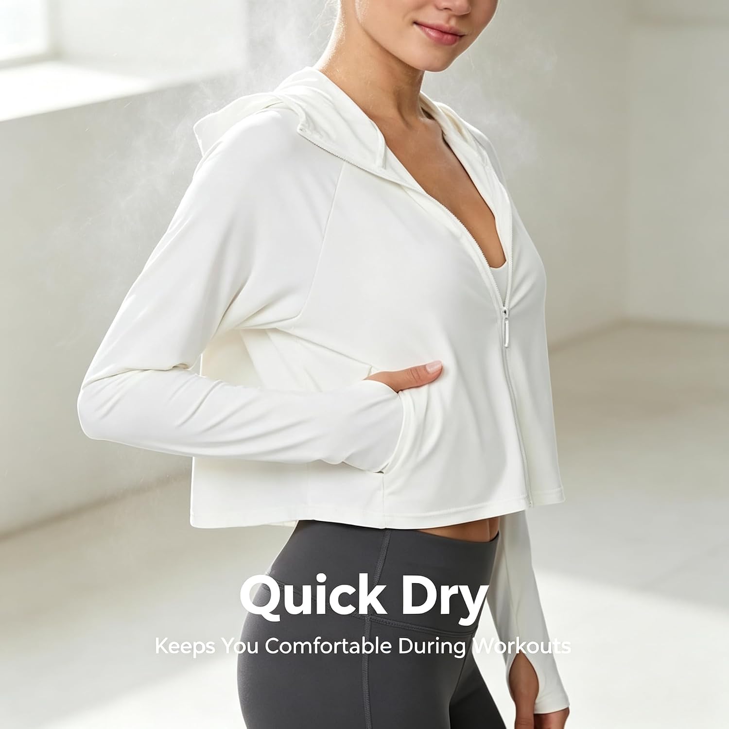 Women's UPF 50+ Sun Protection Crop Top Hoodie - Quick Dry Swim Cover Up with Thumb Holes & Ponytail Port