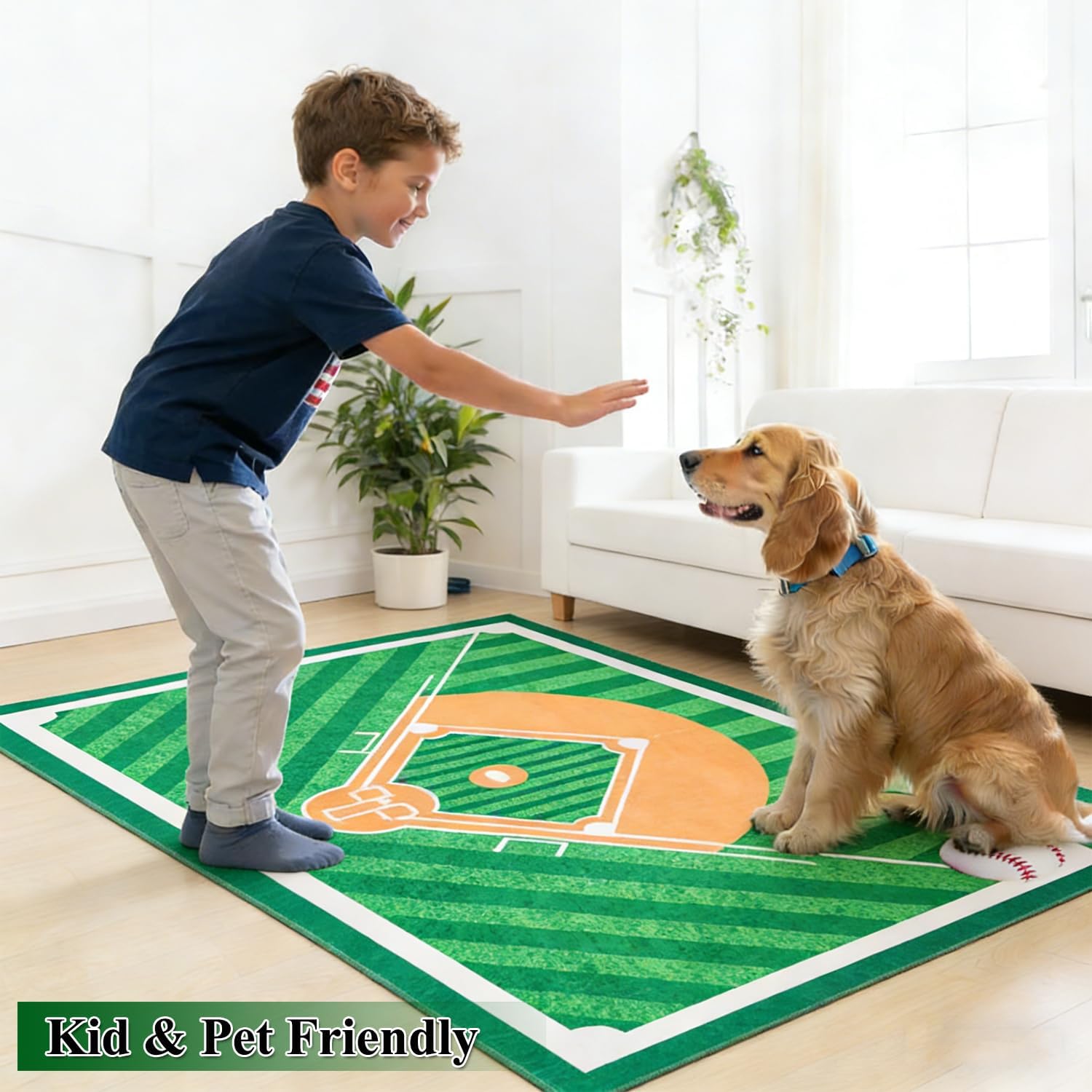 Baseball Rug 3'x5' Sports Rug for Bedroom Playroom Non-Slip Green Carpet Baseball Room Decor Mat