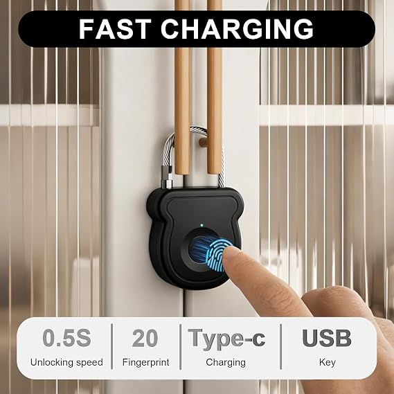 Smart Fingerprint Padlock Keyless Lock with 20 Fingerprints Storage