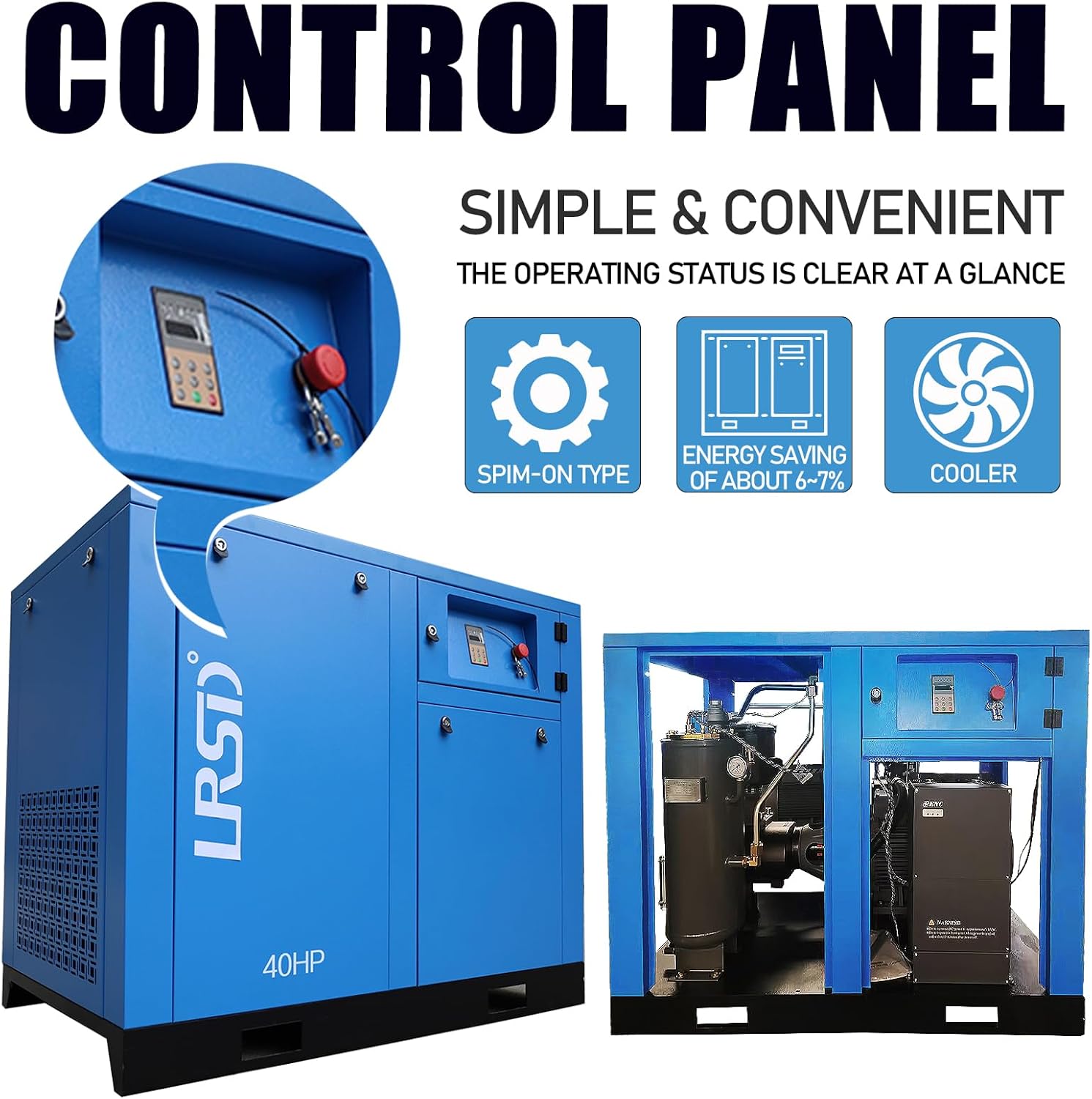 40HP Industrial Rotary Screw Air Compressor, 30KW@480V/60Hz/3-Phase Variable Speed Frequency Rotary Air Compressor & 185CFM/125PSI Commercial Heavy Duty Air Compressed System