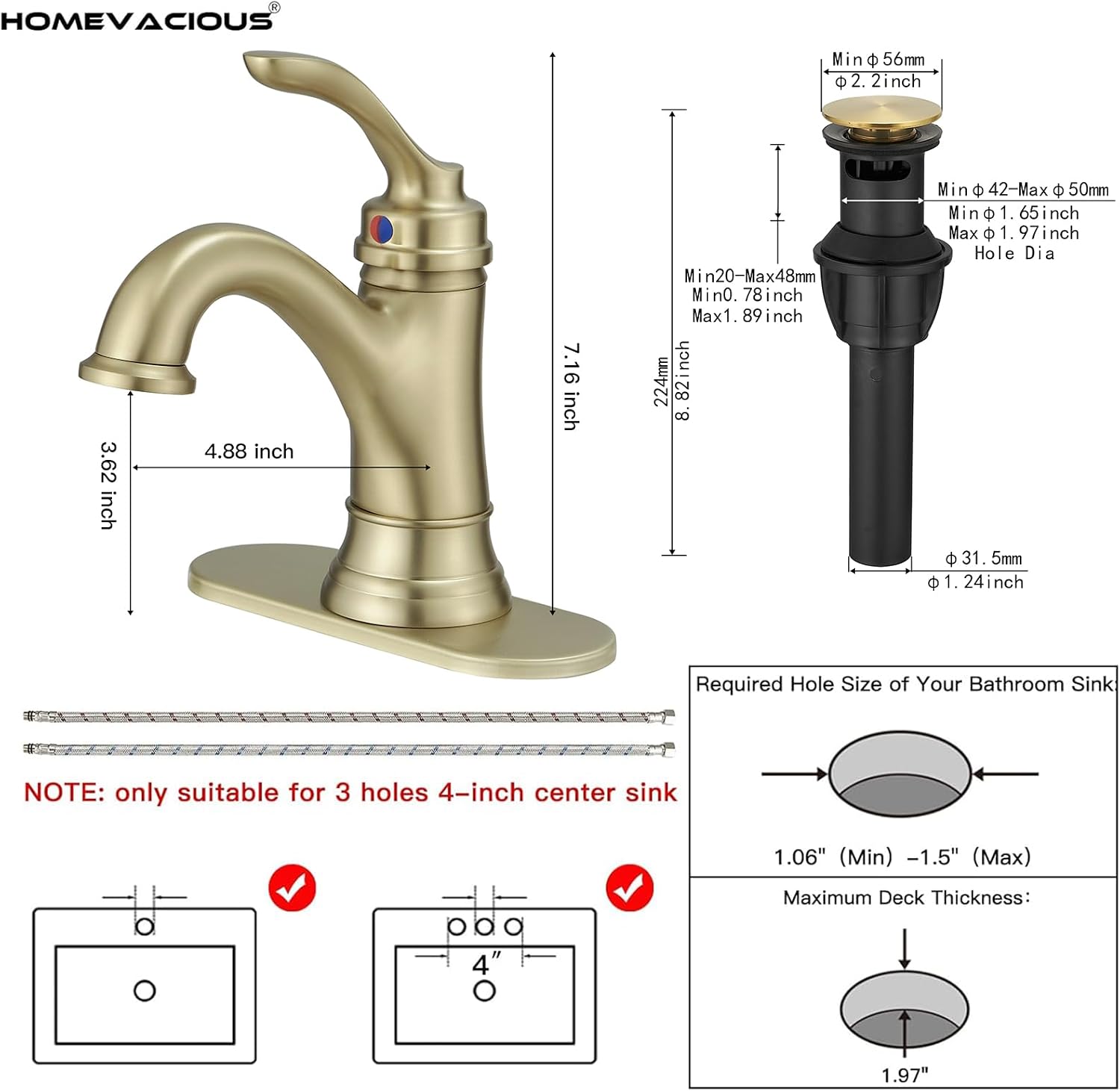 Homevacious Bathroom Faucet 1 Hole Single Handle Bathroom Sink Faucet with Faucet Supply Hose and Pop Up Drain Assembly Basin Vanity Faucets Lavatory Mixer Tap Brushed Gold
