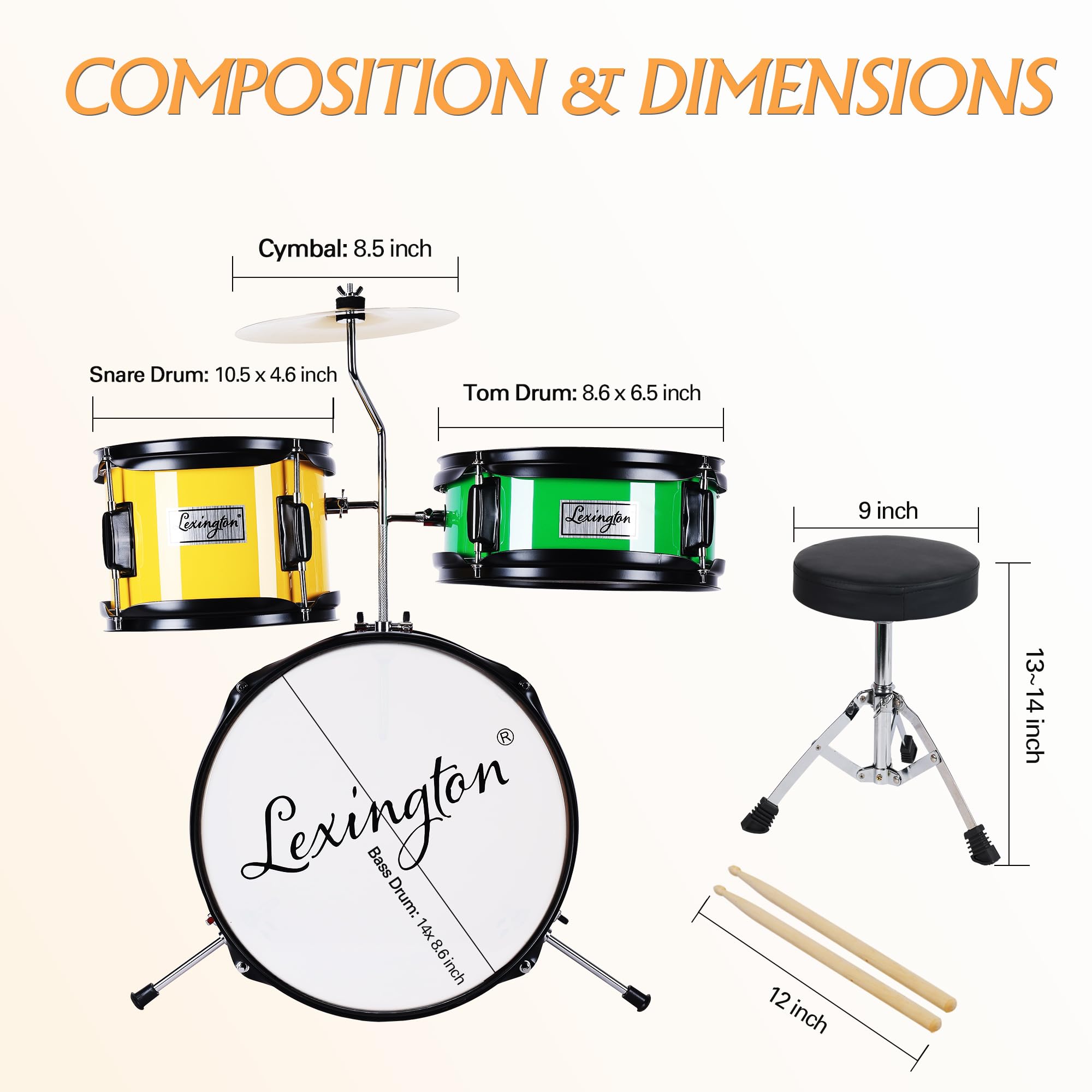 Lexington 3 PC, Schlagzeug Set mit Snare, Tom, Bass Drum, Bass Drum Pedal, Thron, Becken, Drumsticks, Rot, Gelb, Grün