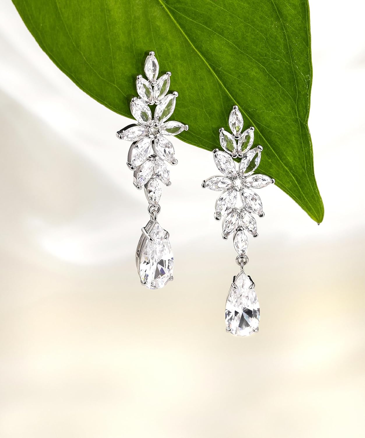 TIGRADE Teardrop Wedding Earrings for Brides Bridesmaids Flower Marquise Cubic Zirconia 925 Sterling Silver Post Drop Dangle Earrings for Women Prom - Image 3