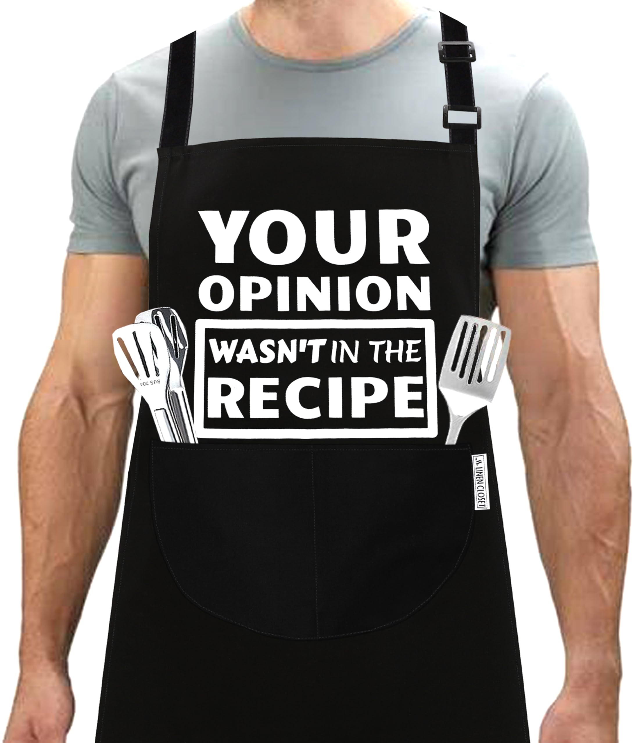 LINEN CLOSET® Bbq Apron Women Funny Cooking Aprons for Men Chef Grilling Novelty Barbecue Kitchen Cooking Gift Black Apron 2 Pockets-your opinion wasn't in the recipe apron