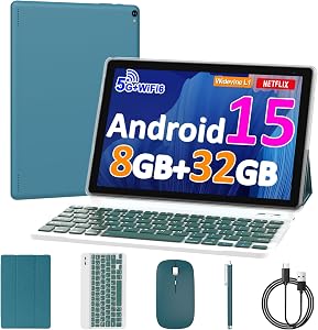 10 inch Android 15 Tablet, 8GB RAM 32GB ROM Powerful Quad-core CPU, 1280*800 Resolution Screen Tablet PC, 8MP Camera, 6000mAh Battery Computer, 2 in 1 Tablets with Keyboard, Case, Mouse, Stylus Laptop