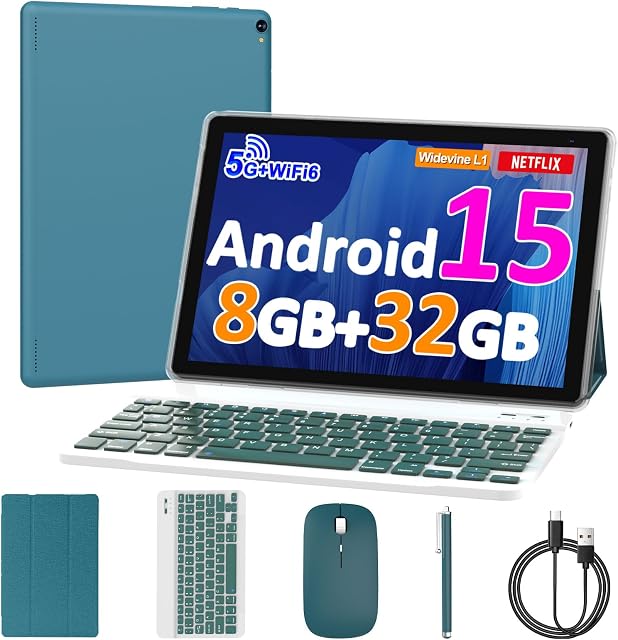 10 inch Android 15 Comprimé, 8GB RAM 32GB ROM Puissante quadruple-core CPU, 1280*800 Comprimé d'écran de résolution PC, 8MP Caméra, 6000mAh Ordinateur de batterie, 2 en 1 Comprimés avec clavier, boîtier, souris, ordinateur portable Stylus