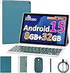 Tablet Android 15 de 10 polegadas, 8 GB de RAM, 32 GB ROM, CPU quad-core potente, tela de resolução de 1280 x 800, câmera de 8 MP, bateria de 6000 mAh, tablets 2 em 1 com teclado, capa, mouse, laptop