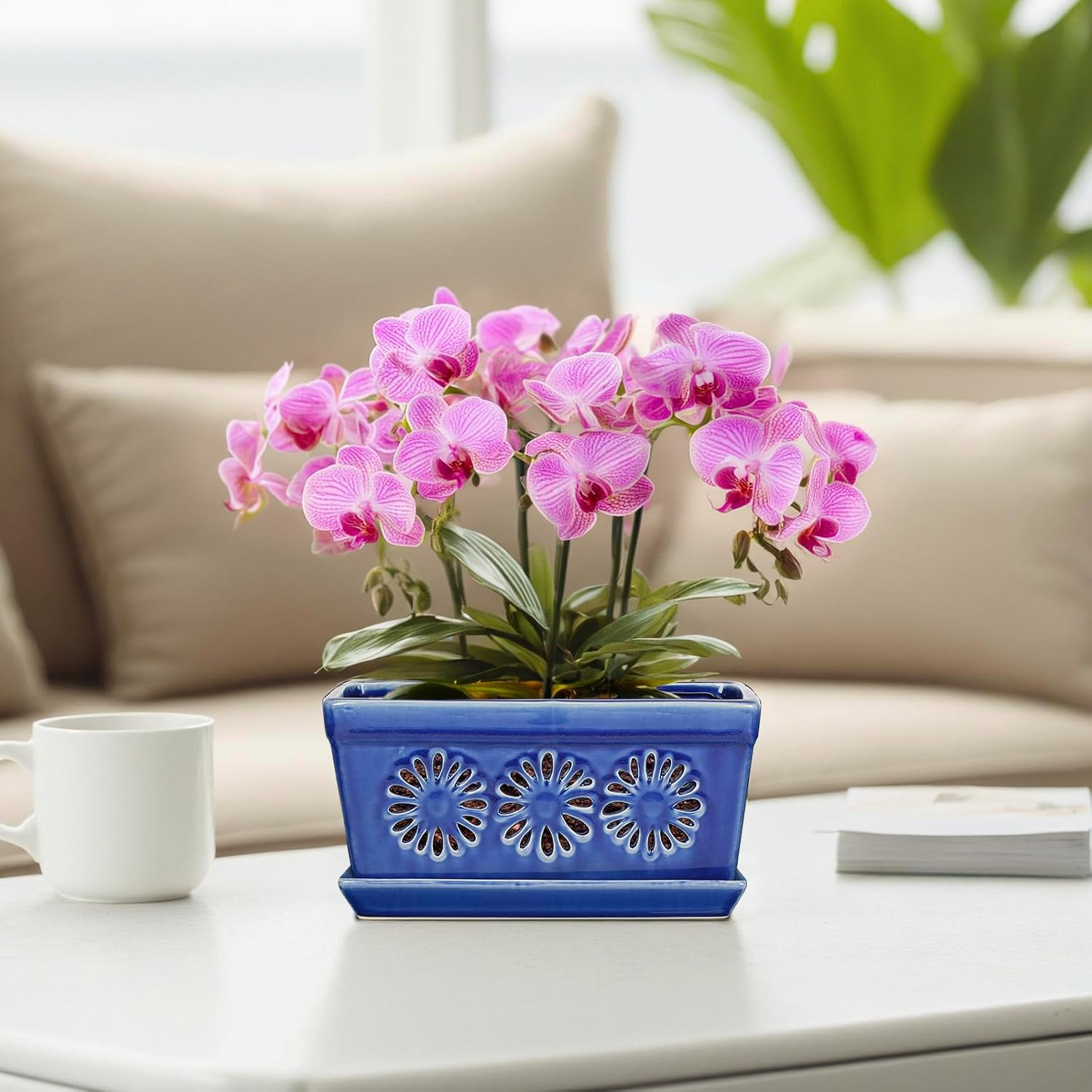EFISPSS 10 Inch Orchid Pot, Ceramic Orchid Pots with Holes, Indoor Flower pots with Drainage and Saucer, Plant Pots Enhance Good Ventilation - Blue