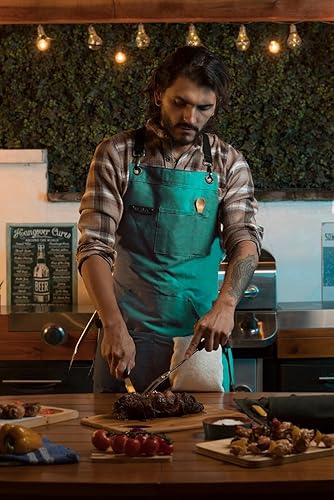 Miniatura 54 de Asaya - Delantal de chef para hombres y mujeres más toalla de mano y abrebotellas, de lona de 10 onzas Marrón,Negro -,Azul,Azul-Verde,Borgoña,Verde