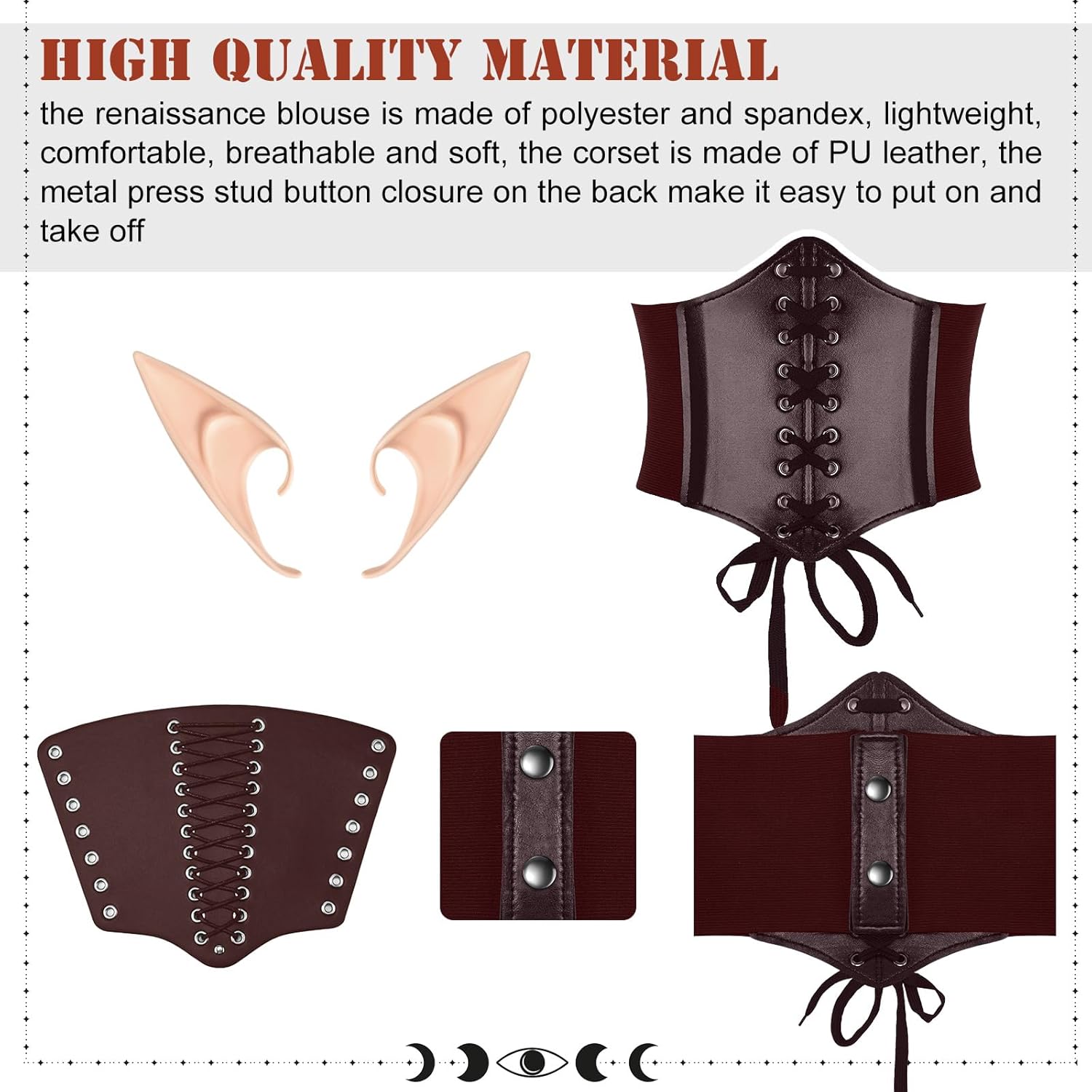 Jeyiour 5 Pcs Women Renaissance Fairy Costumes Set Medieval Hooded Robe Elf Ears Accessories for Halloween Cosplay