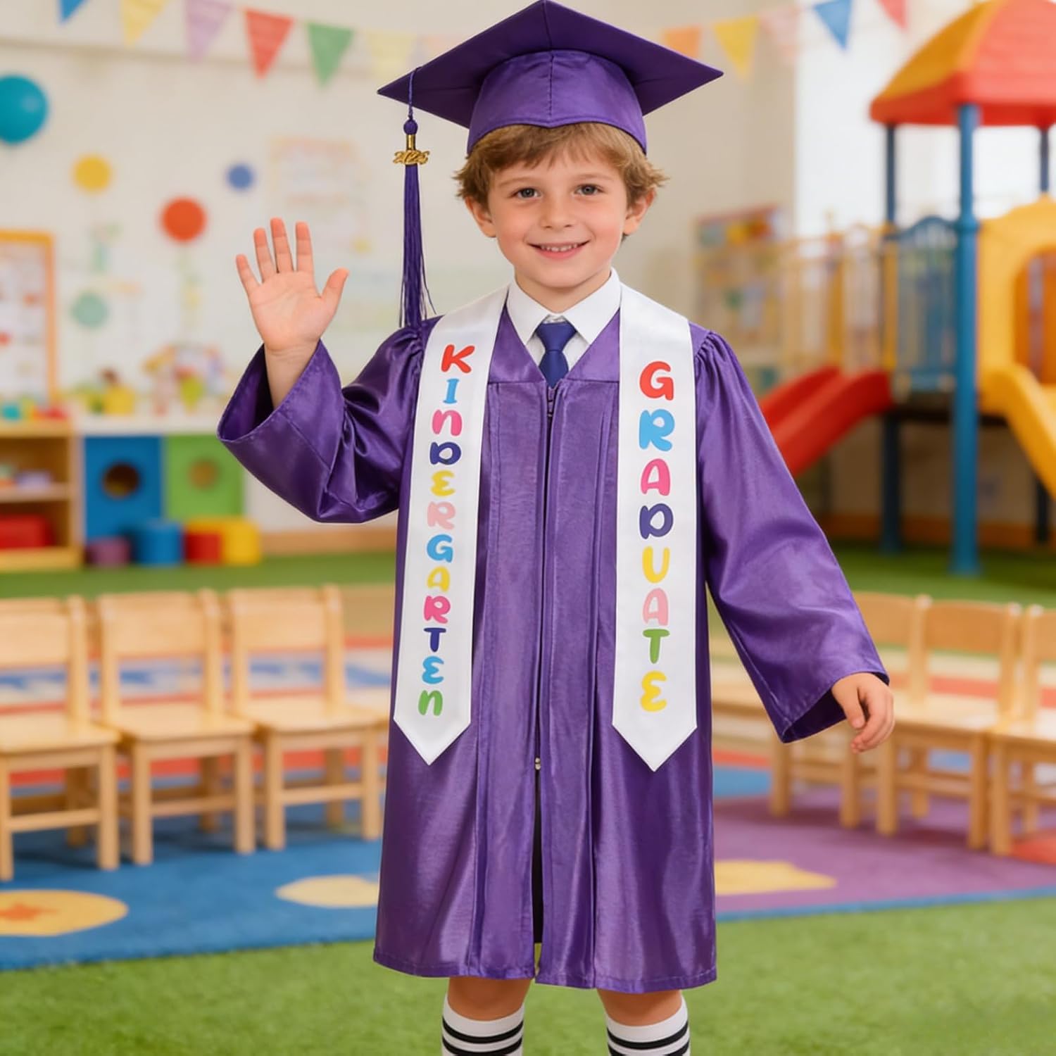 yolsun Kindergarten Graduation Cap and Gown 2026, 6 PCS Graduation Gown Printed Cap Set with Stole Sash