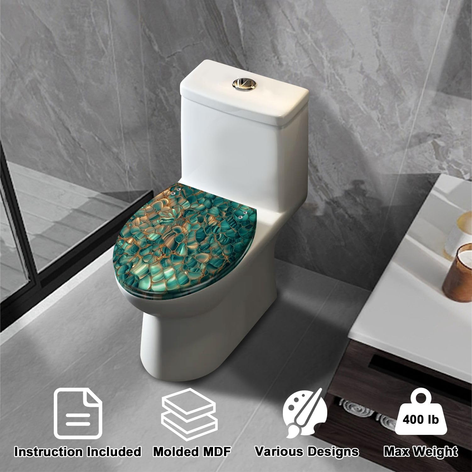 Asiento de inodoro alargado genérico con cierre suave para uso en el baño.