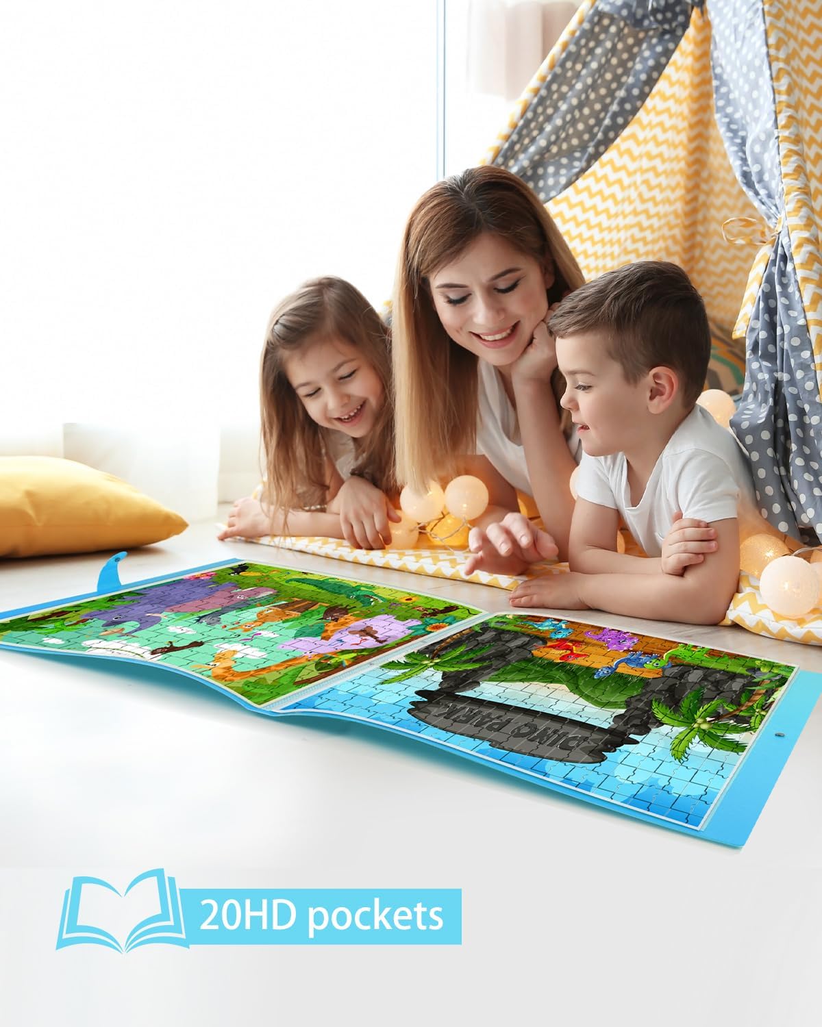 Puzzle Storage Folder for 1000-Pieces, 20 HD Film Pockets, Dustproof and Stain-Proof, Portable and Mobile, Jigsaw Enthusiasts Puzzle Space-Saving Organizer Accessories (Blue)