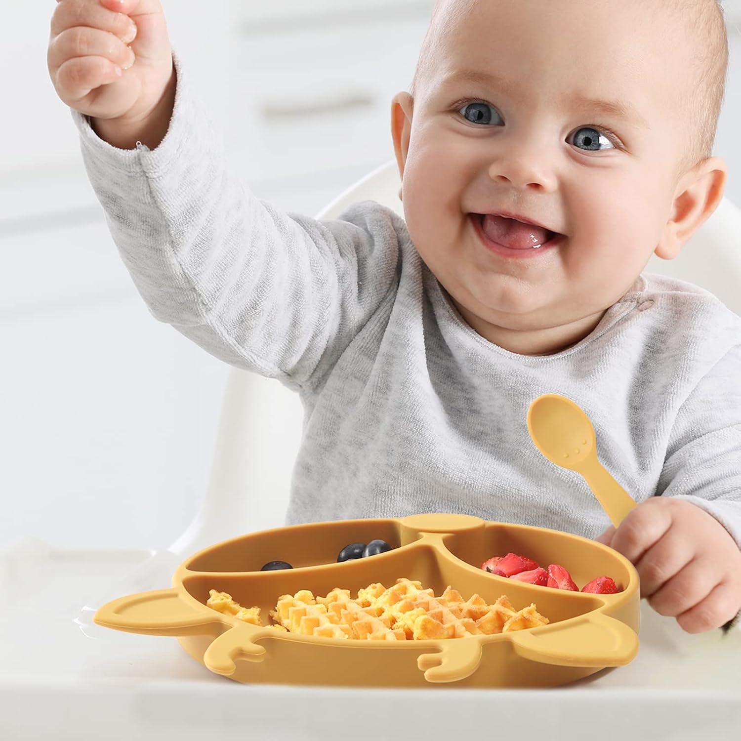 ROCCED [Upgraded] Suction Plates for Toddlers, Silicone Plates with Suction for Baby Divided, Baby Spoon Fork Set for Toddler Baby Dishes Kids Plates and Utensils-Deer Dusty Blue