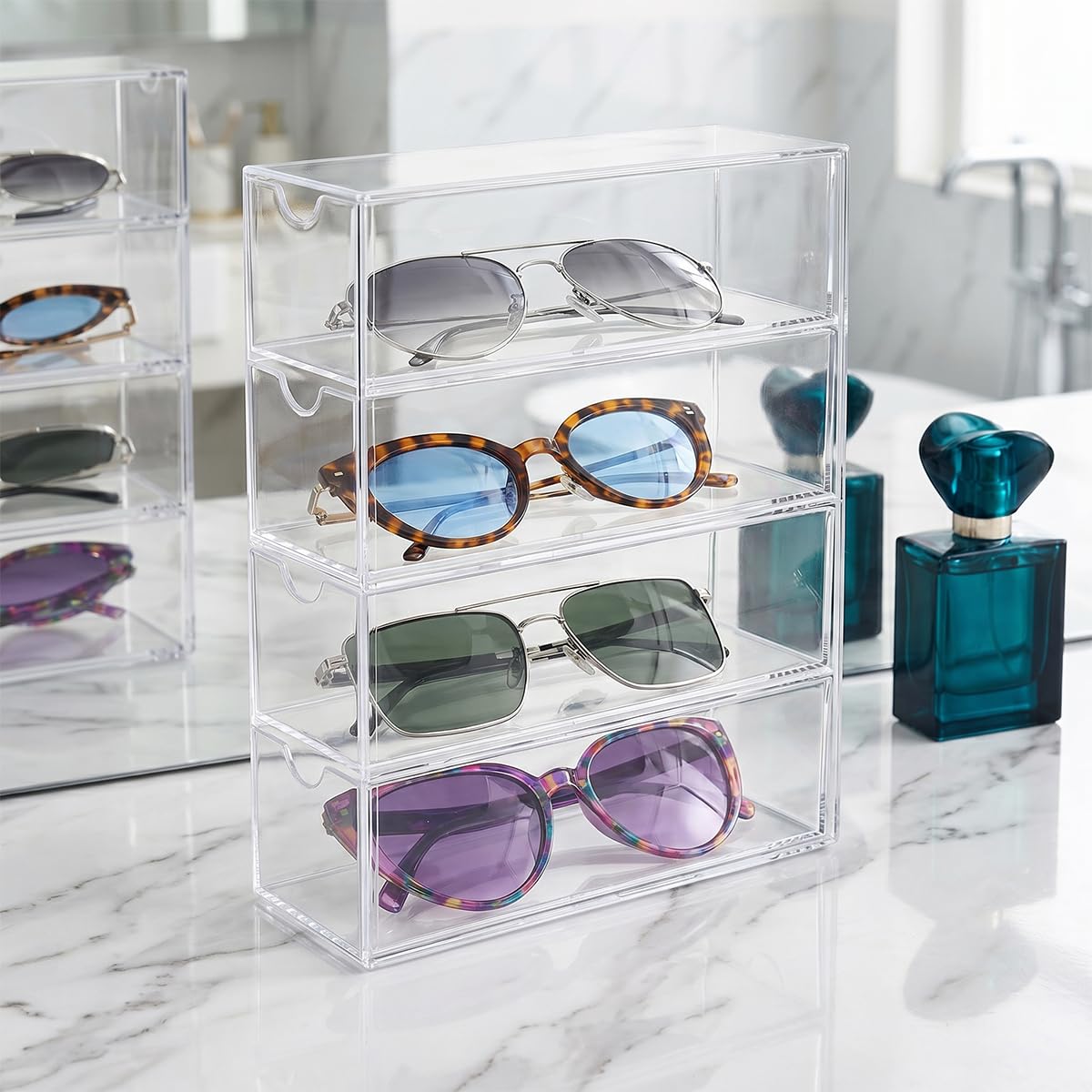 Organizador de Gafas de Sol Acrílico 24,5 x 17,5 x 6,5 cm Caja con 4 Cajones Transparente Apilable