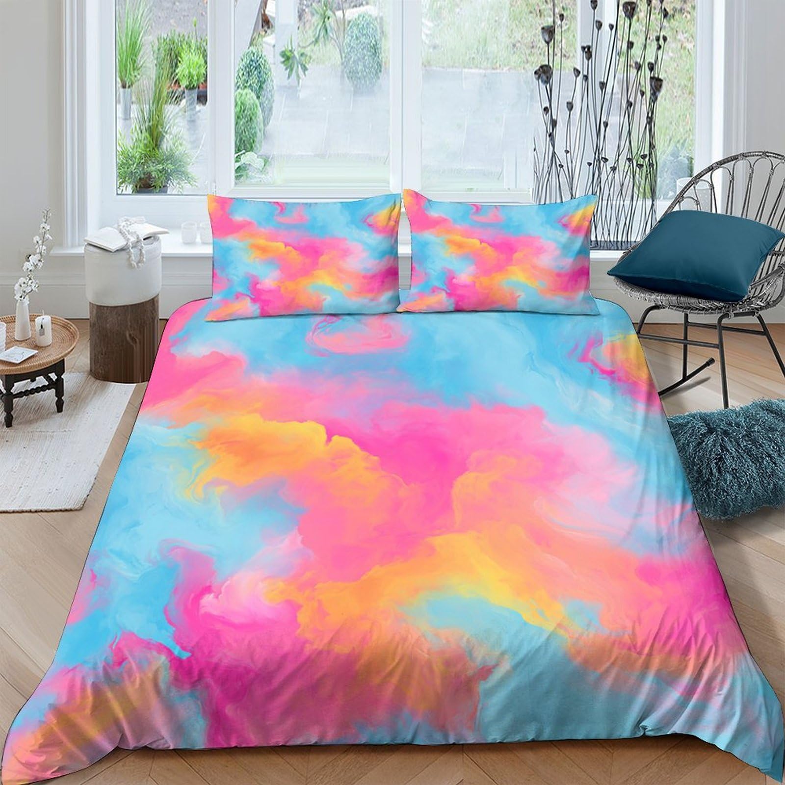 Ctjqhvkz Style-1 3D Printed Rainbow Cloud Fitted Sheet Microfiber Soft Bedroom Decor Colorful Sky Mattress Cover Single（135X200cm）