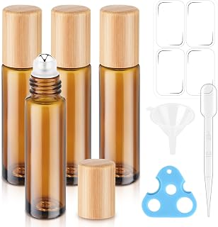 4 Pack Essential Oil Roller Bottles, 10ml Amber Glass Rollerballs with Bamboo Plastic Caps - Empty Refillable Travel Roll-On Containers for Perfume & Essential Oils