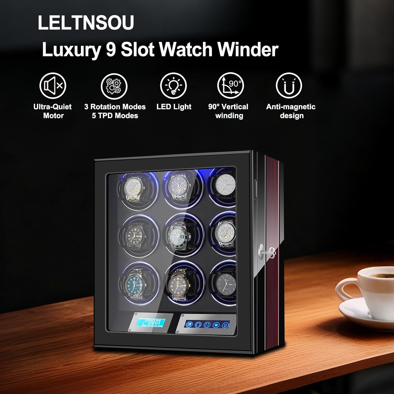Watch Winder for 9 Winding Spaces Automatic Watches, Ultra-Quiet Japanese Motors, Built-in LED Illumination and LCD Touchscreen Control