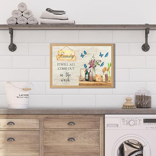 Miniatura 5 de BOUHES Arte de pared rústico para lavandería, horario de lavandería, reglas divertidas, decoración de pared, granja, flores, mariposas, pintura,